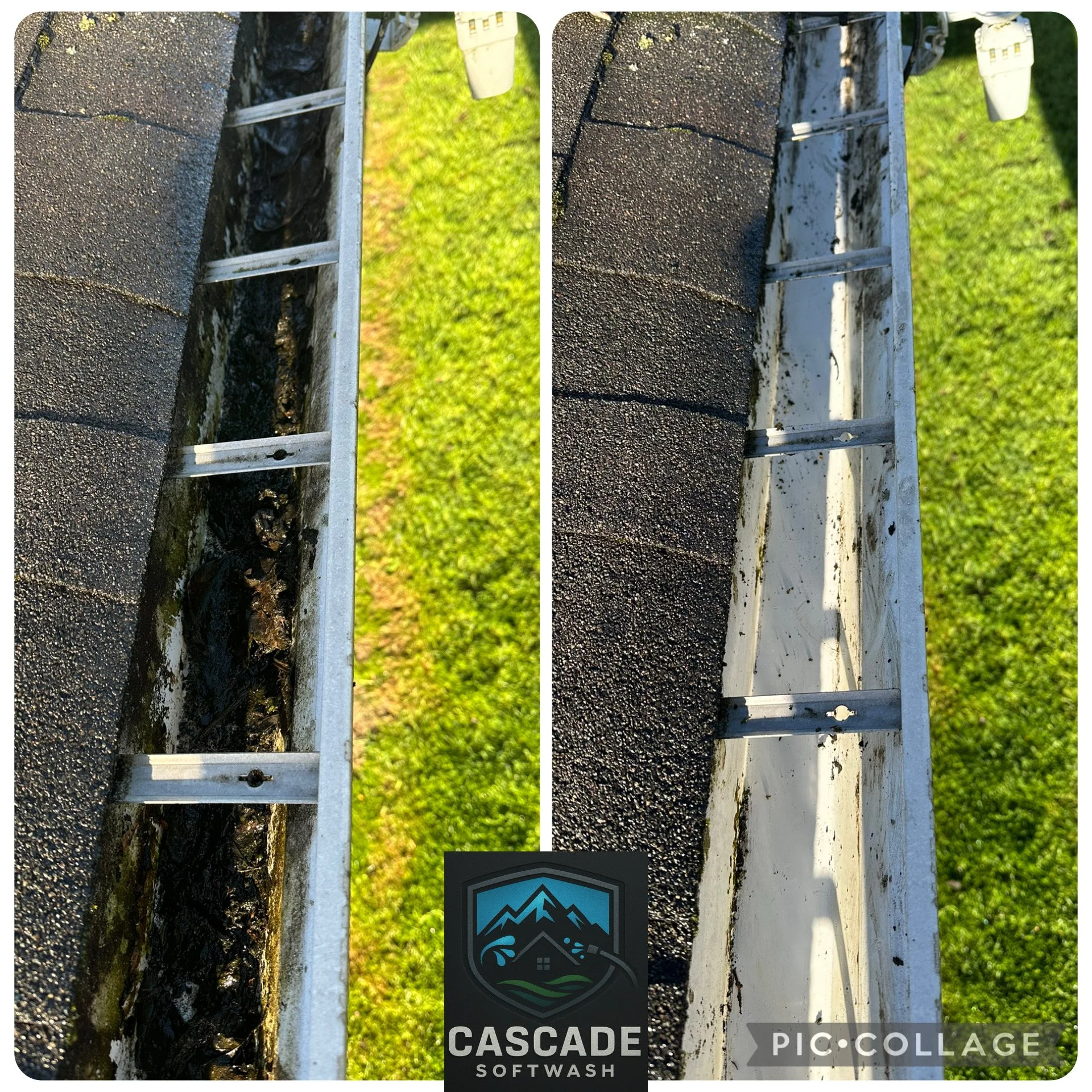 Comparison of a gutter with debris and mold before and after cleaning with Cascade Softwash. The left side shows a dirty, moldy gutter, while the right side displays a clean gutter with fresh white paint.