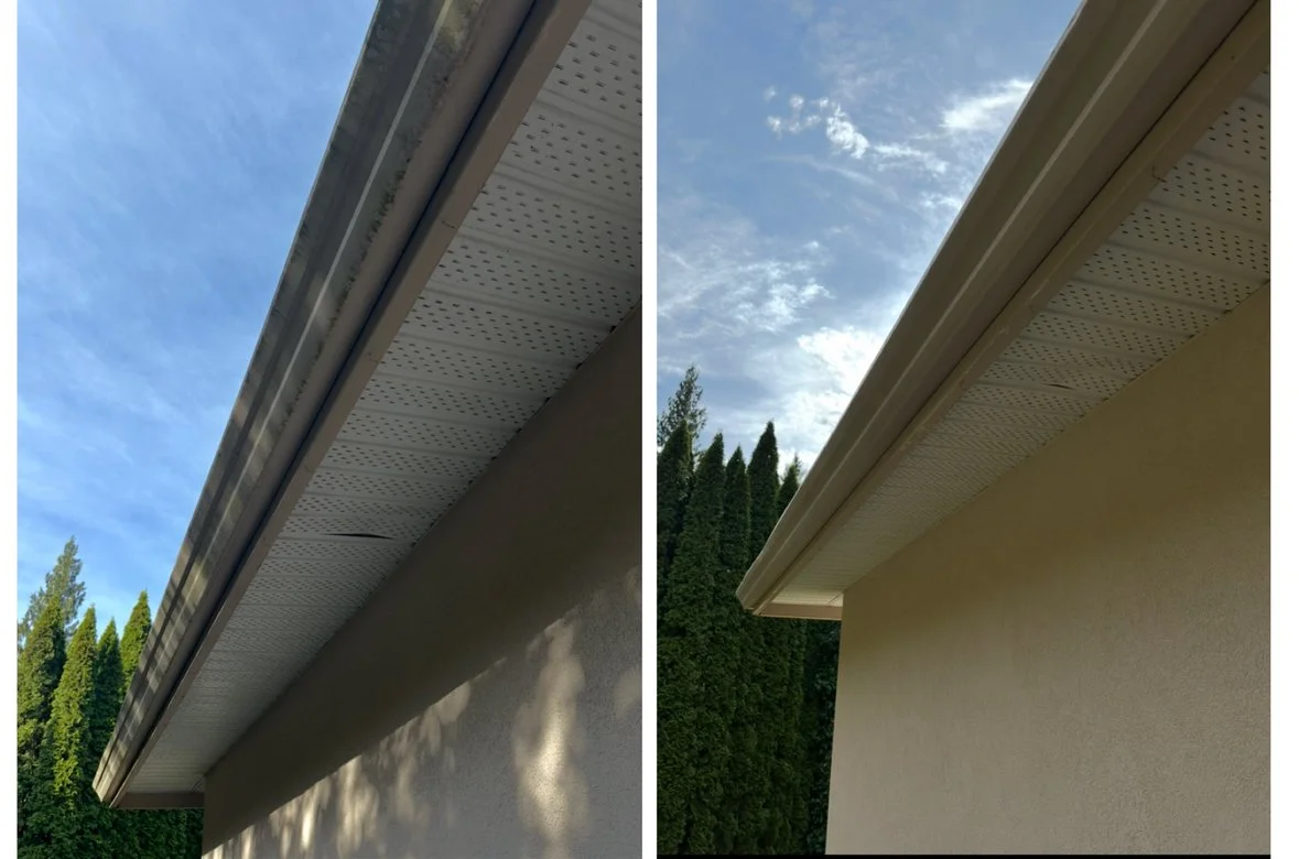 Two photos of house gutters, one before cleaning showing leaves and debris, and one after cleaning showing a clear gutter.