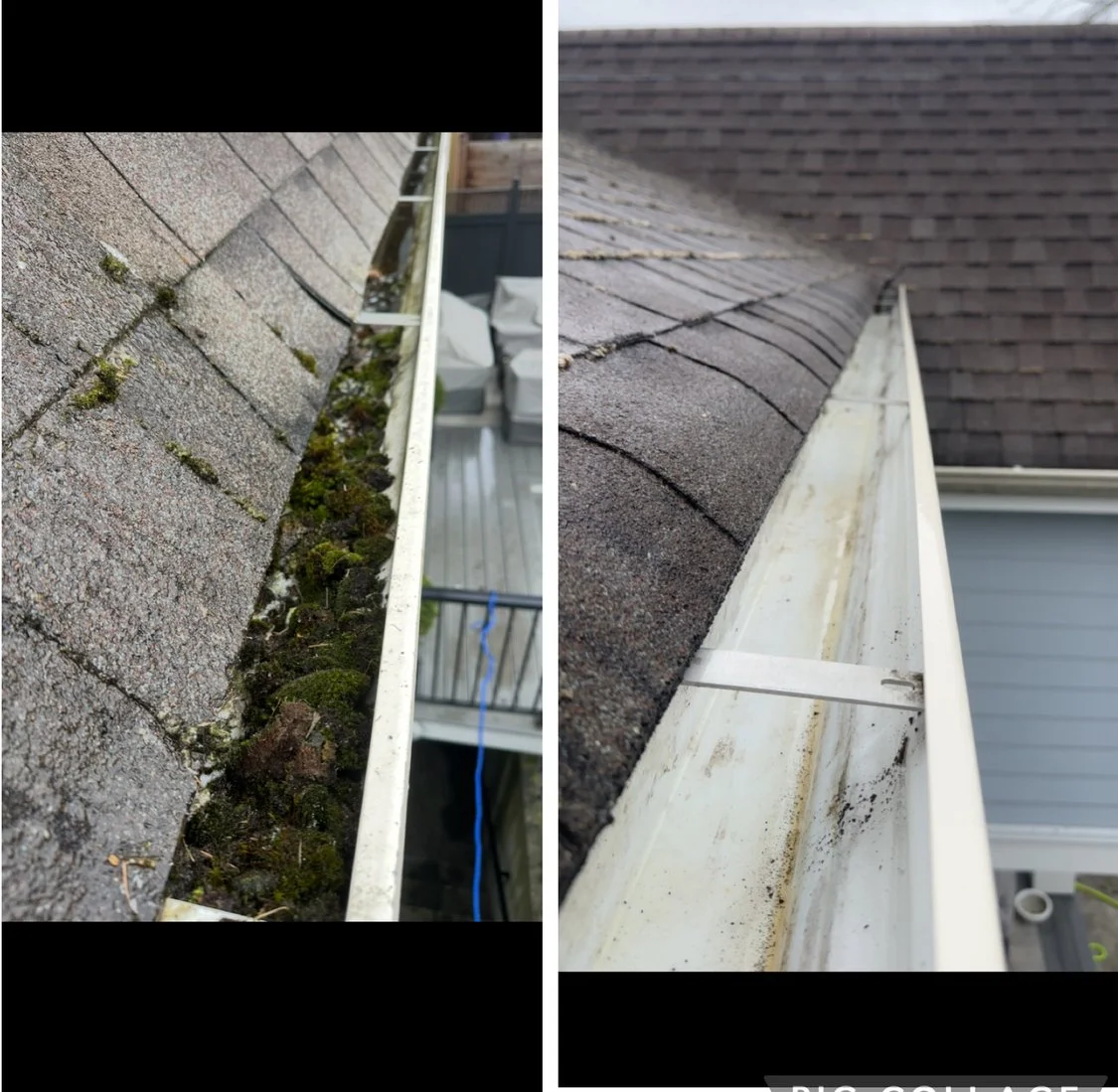 Comparison of a roof gutter filled with moss and debris on the left and a clean, dry gutter on the right.