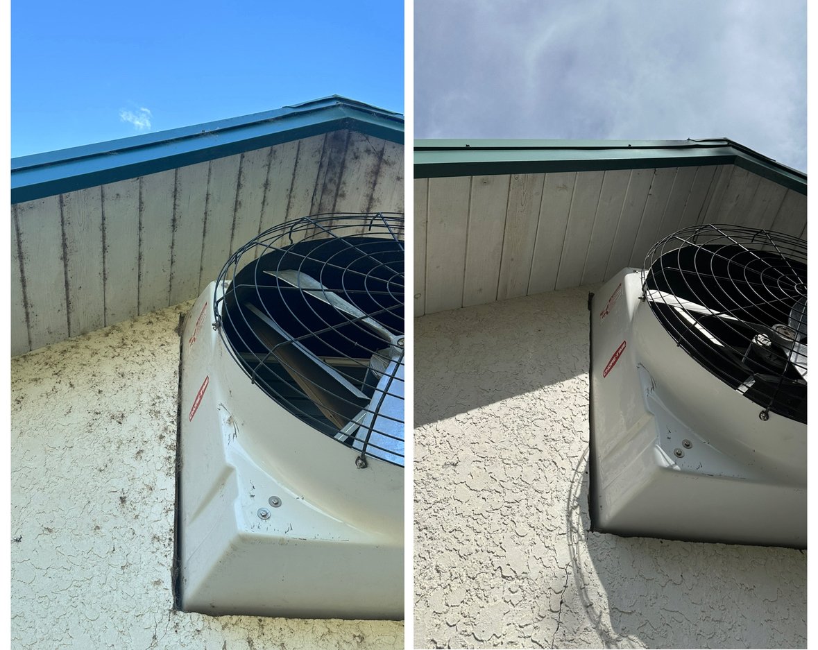 Comparison of two outdoor air conditioning units on a wall, showing cleaning differences with dirt and grime on the left unit and a clean surface on the right unit.