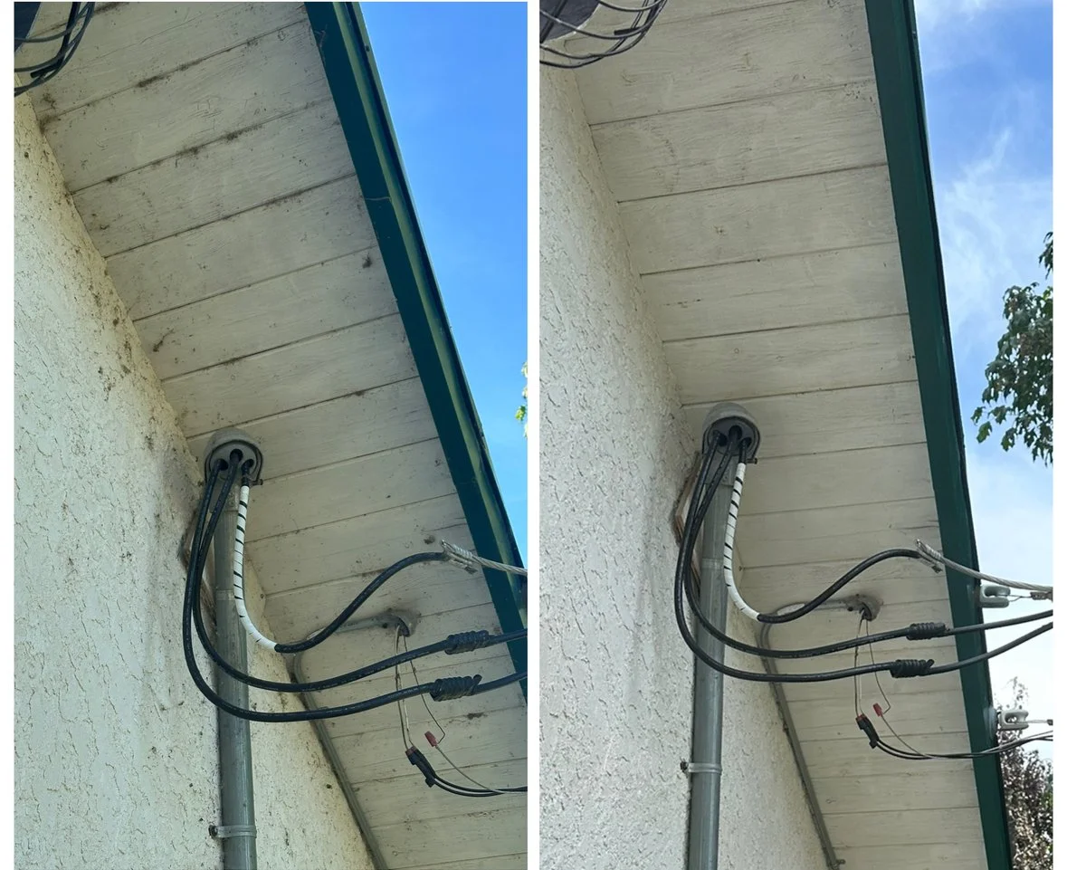Side-by-side comparison of electrical wiring on the underside of a house's eaves, with a metal conduit, electrical cables, and a textured white exterior wall.