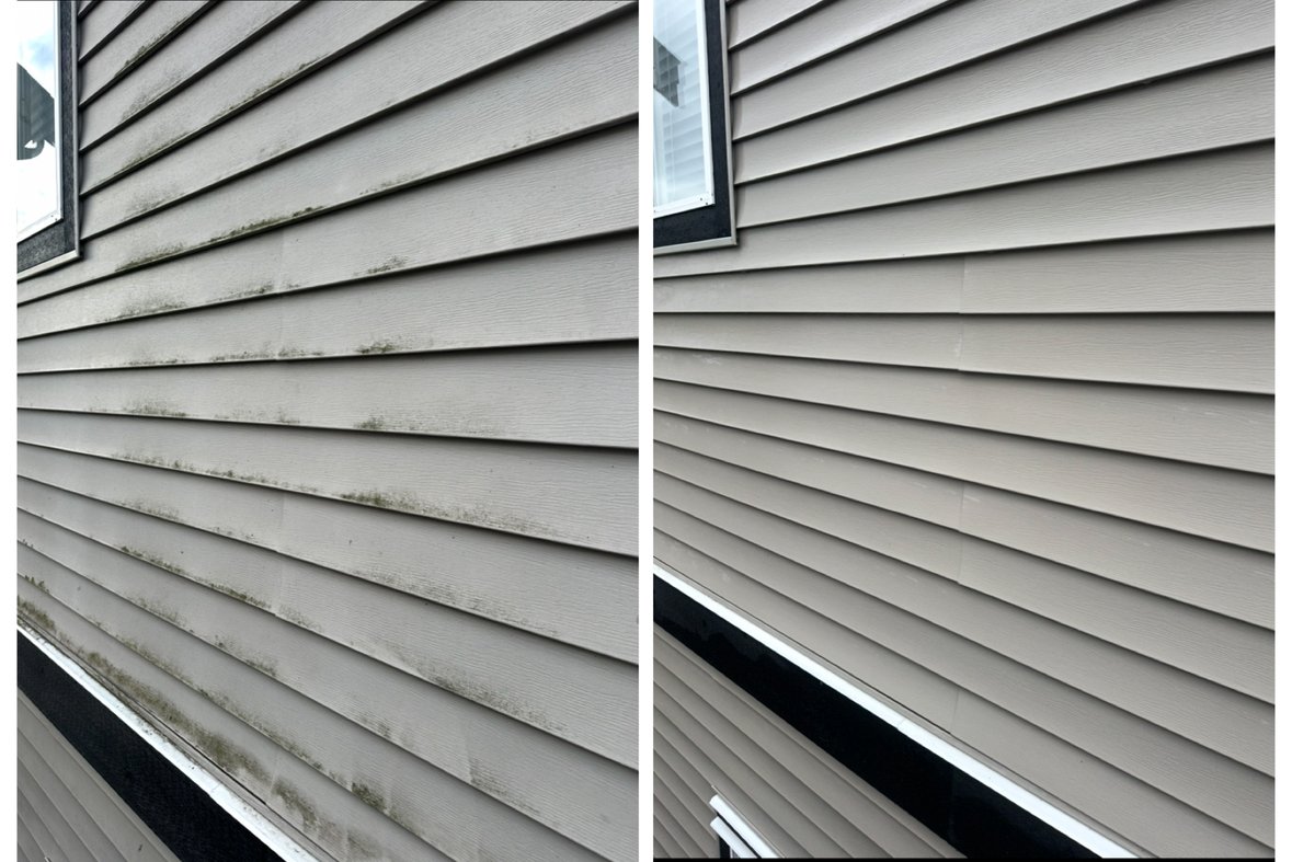 Side-by-side comparison of house siding before and after cleaning, showing dirt and grime removal.