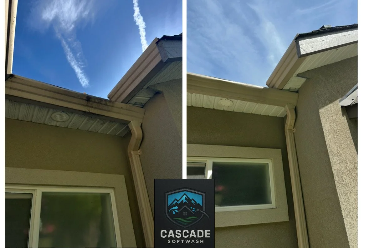 Side-by-side comparison of a house gutter before and after cleaning, with a logo for Cascade Softwash at the bottom.