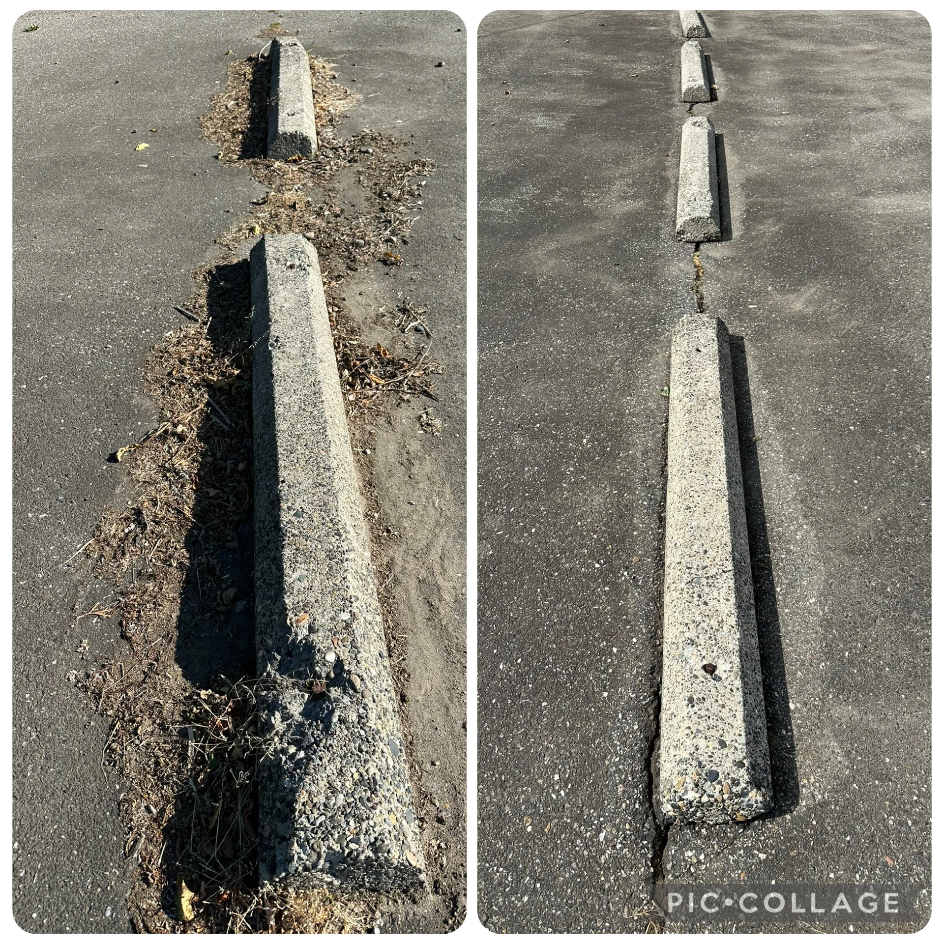 Comparison of parking space with and without a stone wheel stop, showing dirt and debris accumulated around the wheel stop in the left image, and a clean parking space with a wheel stop in the right image.