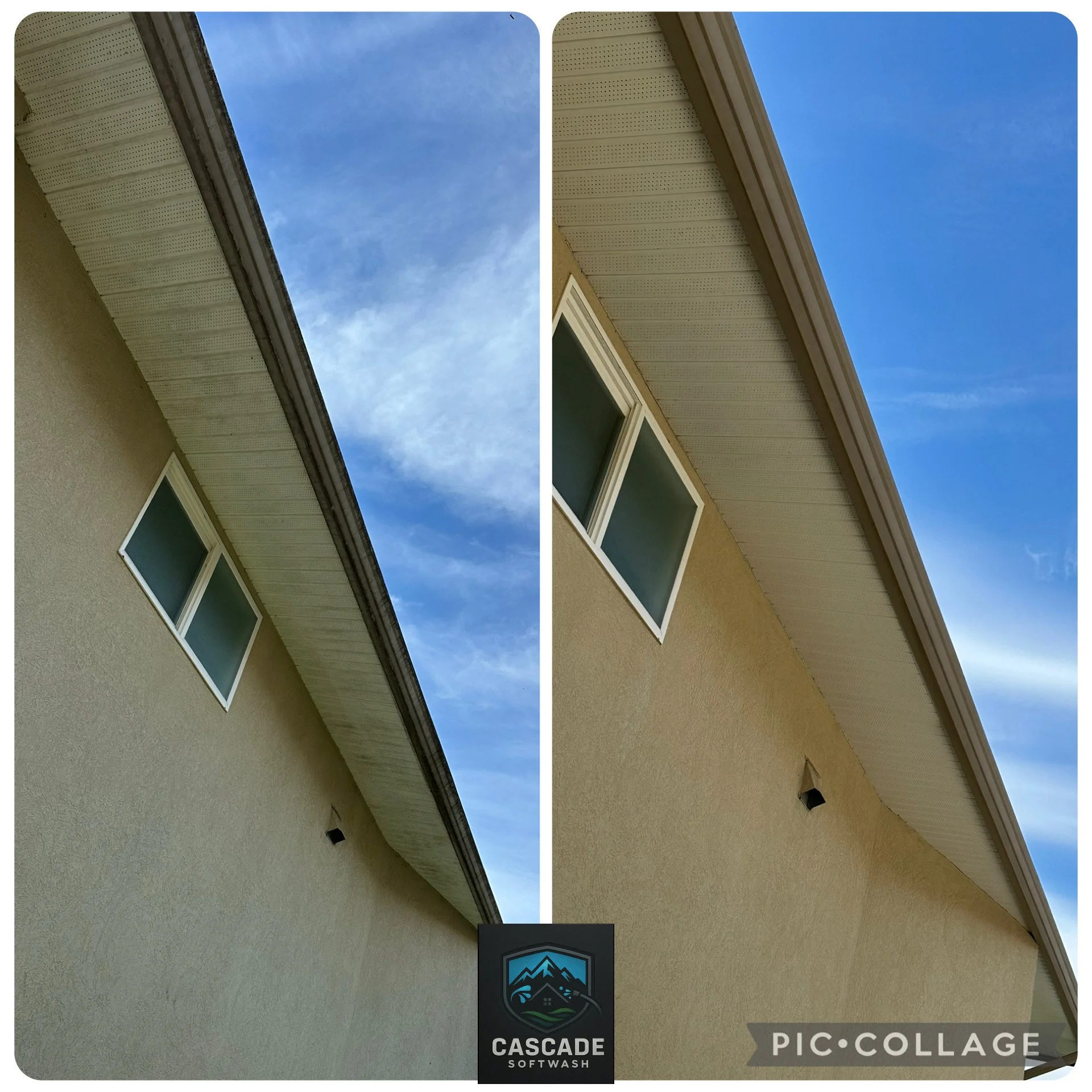 Side-by-side comparison of a house's eaves showing a before and after cleaning. The left side shows the eaves with dirt and moss buildup, while the right side shows the eaves after cleaning with a cleaner labeled Cascade Softwash.