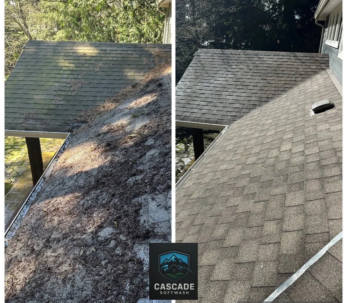 Comparison of a roof before and after cleaning. The left side shows a roof covered in dirt, moss, and debris, while the right side shows the same roof cleaned, looking fresh and bright. The logo for Cascade Softwash is at the bottom center.