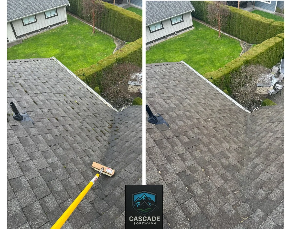 Before and after images of cleaning a residential roof, showing removal of moss and dirt, with a broom on the roof in the first image and a clean, moss-free roof in the second.
