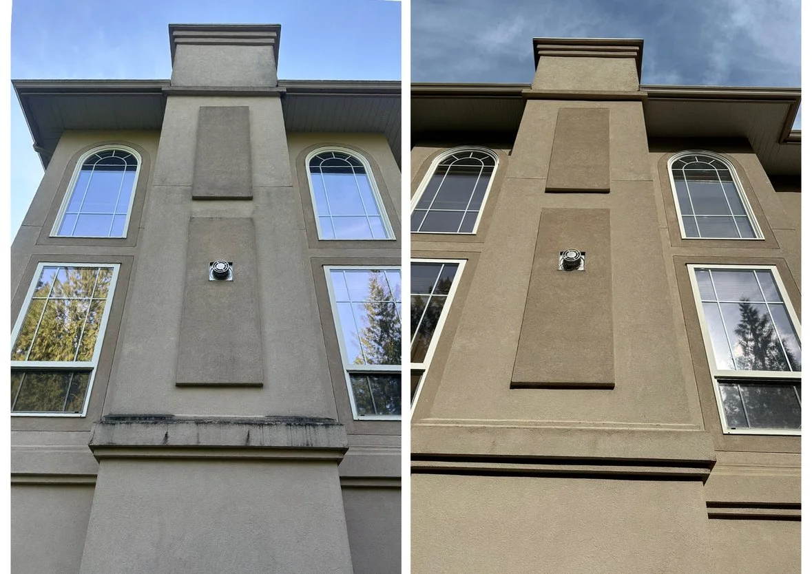Comparison of a building facade before and after painting. The left side shows the original, with visible dirt and discoloration near the bottom. The right side shows the building after painting, with a uniform color and cleaner appearance.
