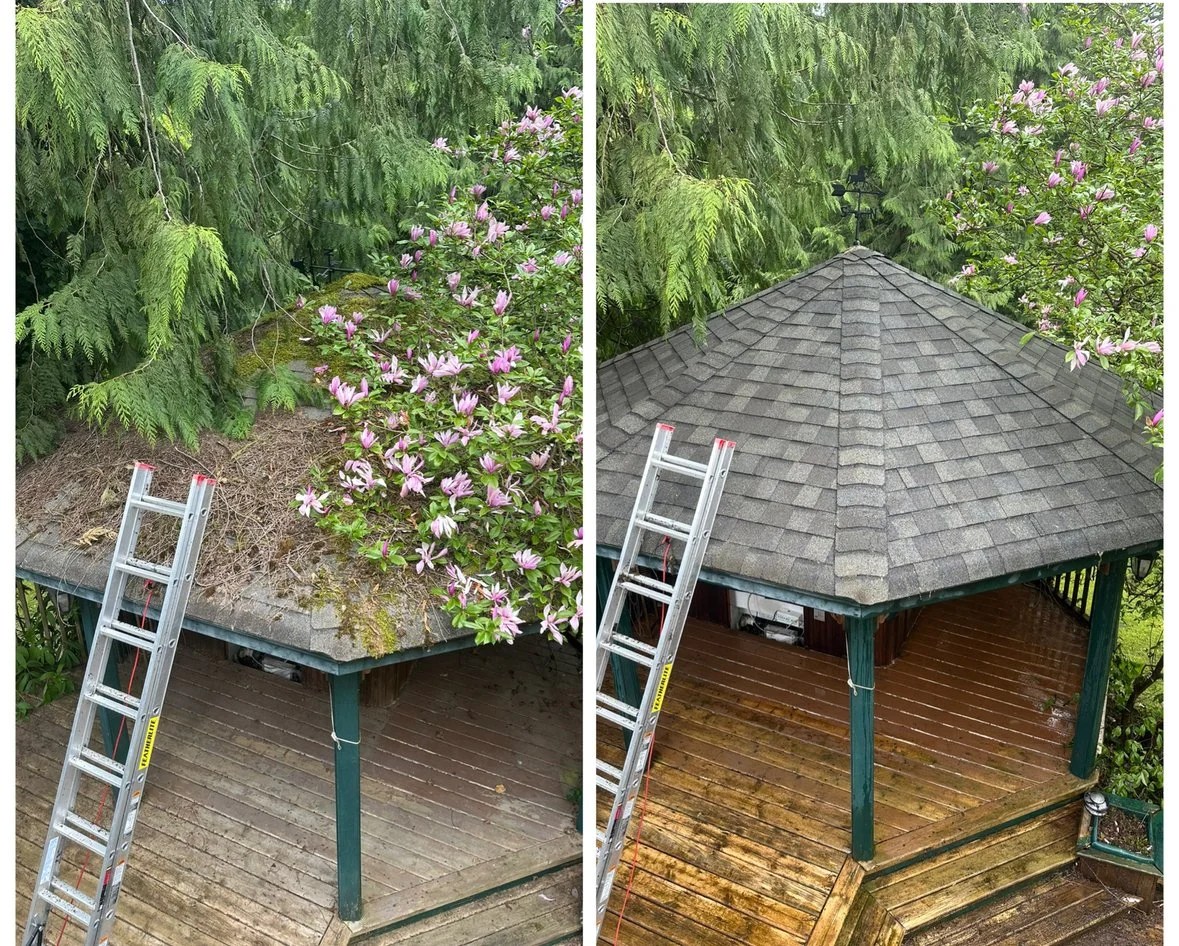 Side-by-side comparison of a roof before and after cleaning. The left side shows the roof covered with moss, dirt, and debris, surrounded by green trees and pink flowering bushes. The right side displays the cleaned roof with gray shingles, with the 