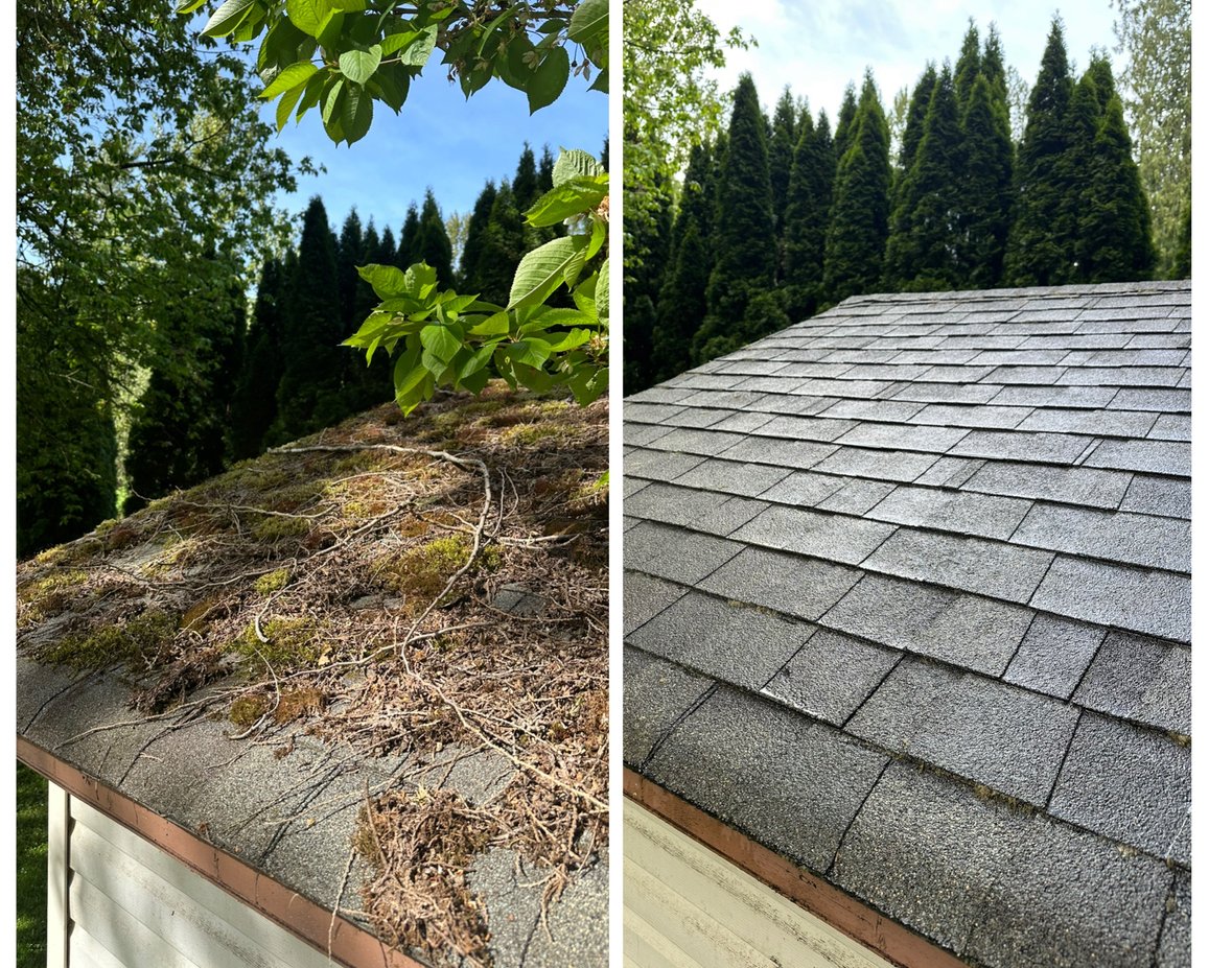 Comparison of a roof before and after cleaning or repair. Left side shows a roof covered with dirt, leaves, and debris; right side shows a clean, new-looking roof with gray shingles.