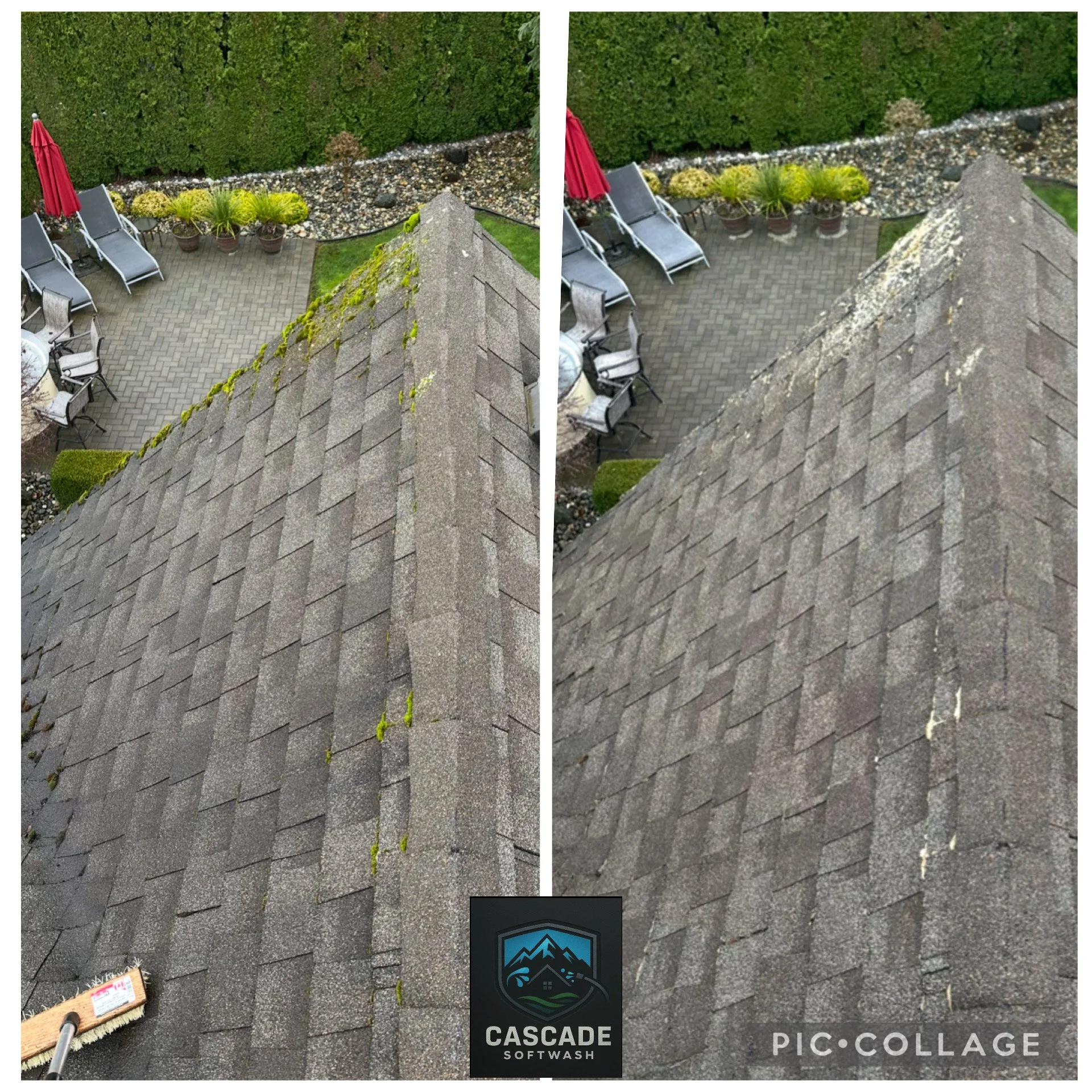 Comparison of a roof before and after cleaning shows moss and dirt removal, with a clear and clean surface on the right side.