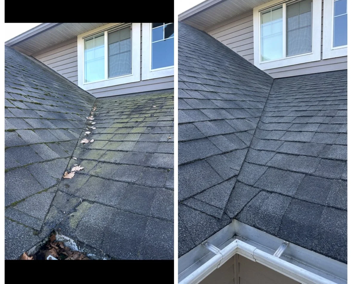 Comparison of a roof before and after cleaning; the left side shows a roof with moss, dirt, and dead leaves, while the right side shows a clean, moss-free roof with new-looking shingles and a white gutter.