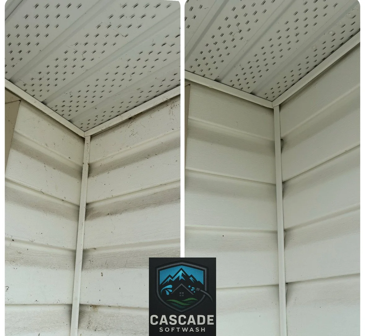 Before and after images of a house corner showing cleaning of white siding and soffit with Cascade SoftWash logo at the bottom.
