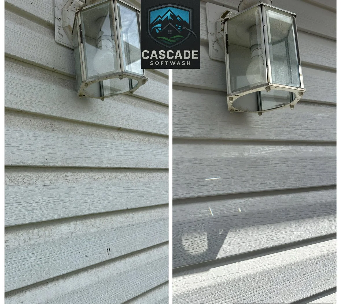 Side-by-side comparison of a house exterior showing a wall-mounted outdoor light fixture before and after cleaning. The left side shows a dirty, grime-covered fixture, while the right side shows it cleaned and brightened.