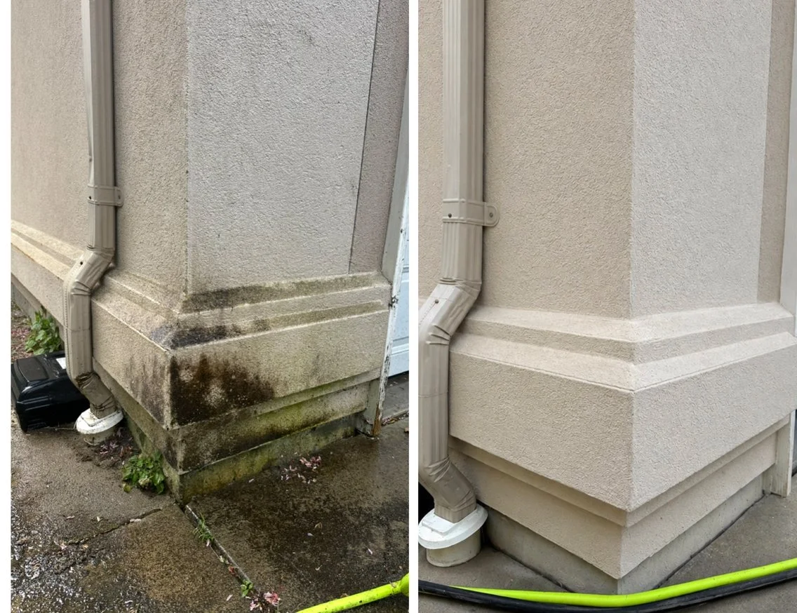 Side-by-side comparison of a building corner before and after cleaning and restoration. The left shows stained, dirty concrete, and the right shows clean, freshly painted or sealed concrete with a uniform finish.