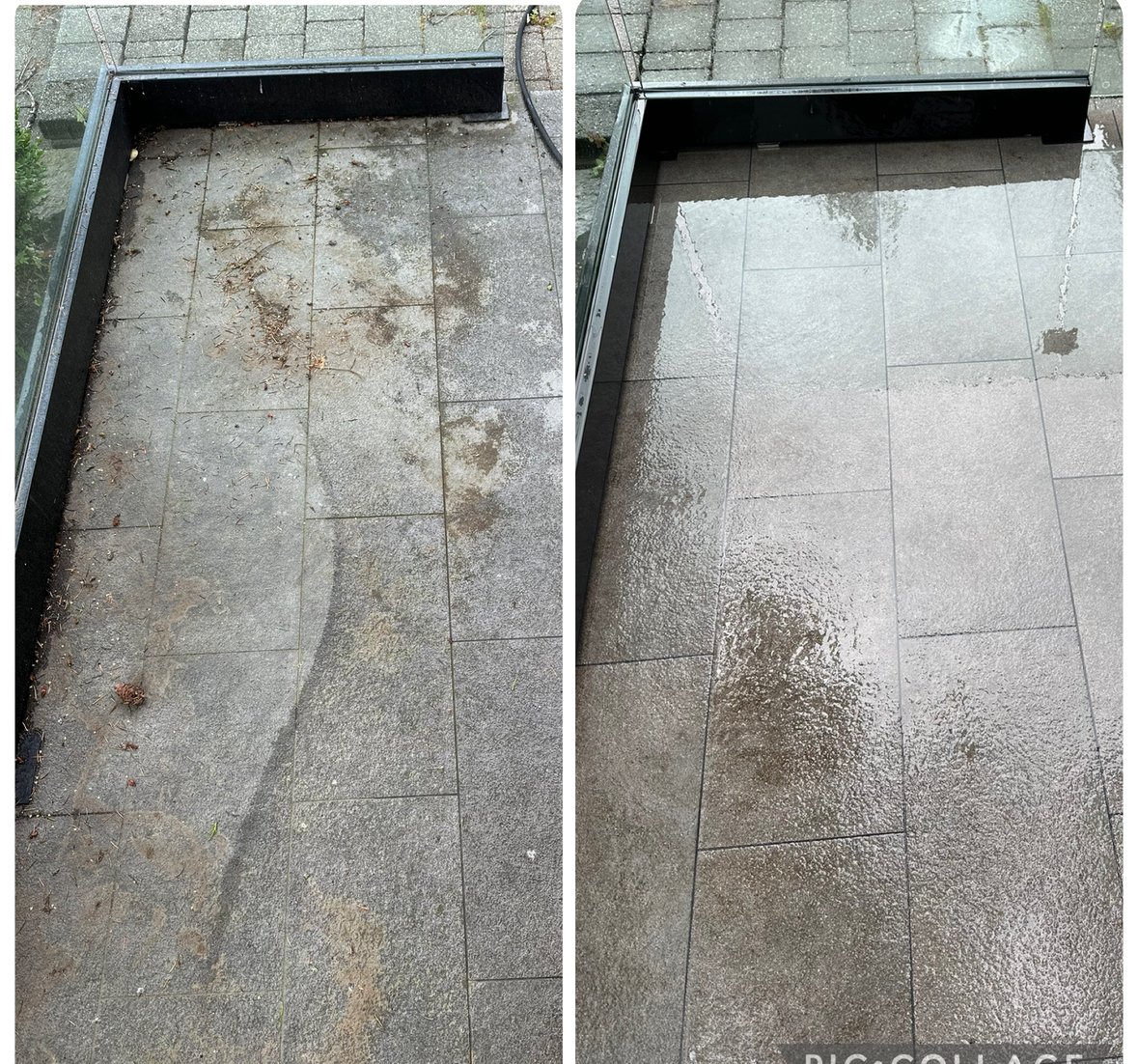 Comparison of a dirty outdoor tiled patio before and after cleaning, showing progress in dirt removal and tile shine.