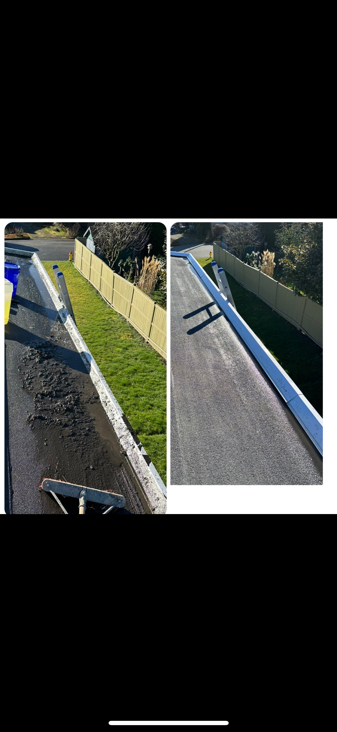 Comparison of a driveway before and after resurfacing, showing the removal of old asphalt and the new smooth surface.