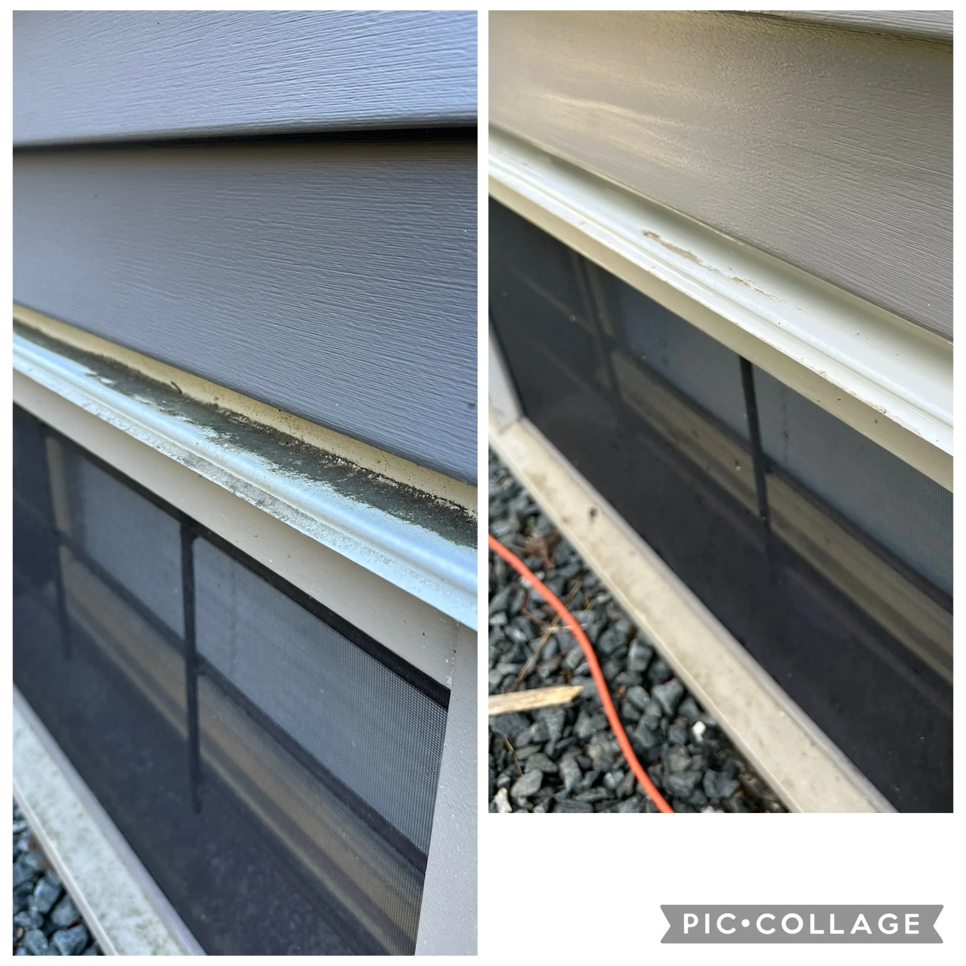 Close-up shot of a window with a screen, showing the window frame, screen, and siding of a house, with some dirt and weathering.