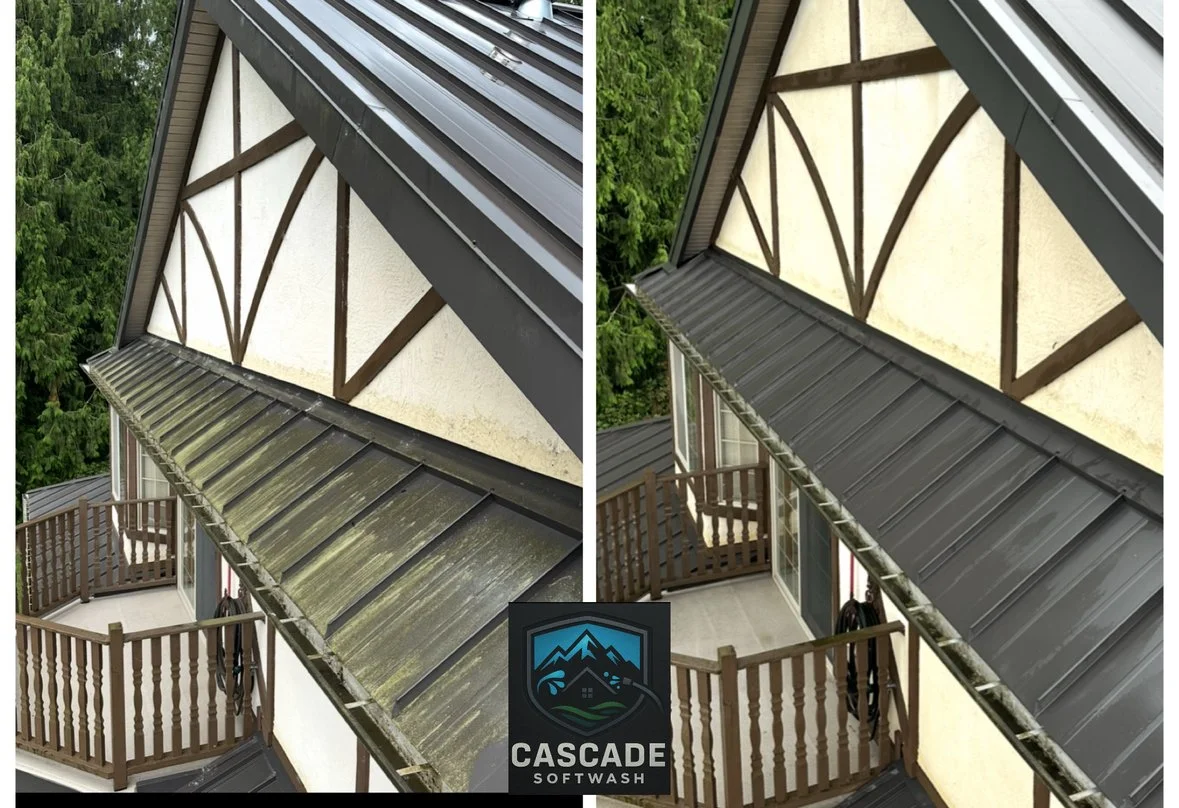 Side-by-side comparison of house gutters before and after cleaning. The left shows dirty, moss-covered gutters, and the right depicts clean, shiny gutters with moss removed. The house has a steeply sloped roof, a small balcony with wooden railings, a