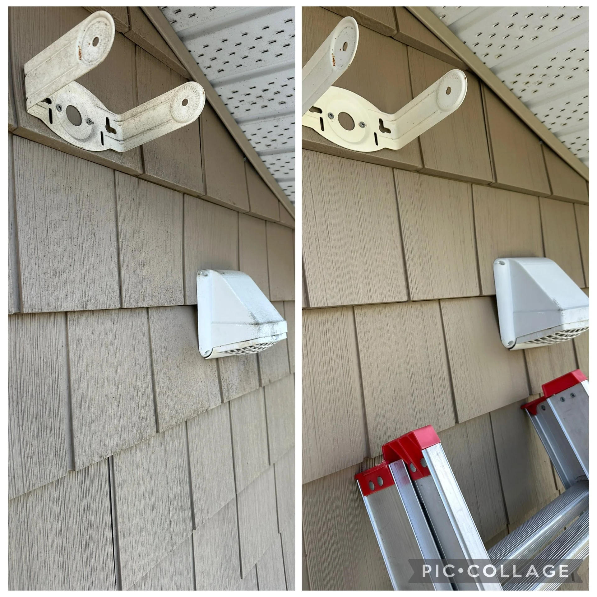 Side view of a house with beige siding, showing the installation of an outdoor vent cover and garage door opener mount, with a ladder nearby.