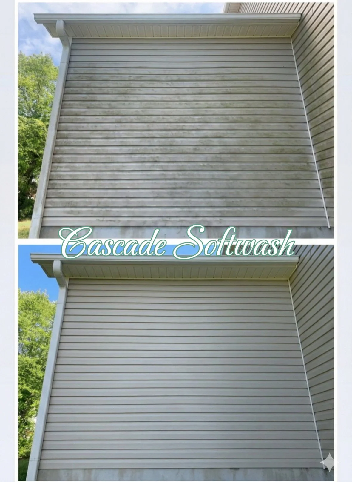 Comparison of a house exterior before and after power washing, showing cleaner siding.
