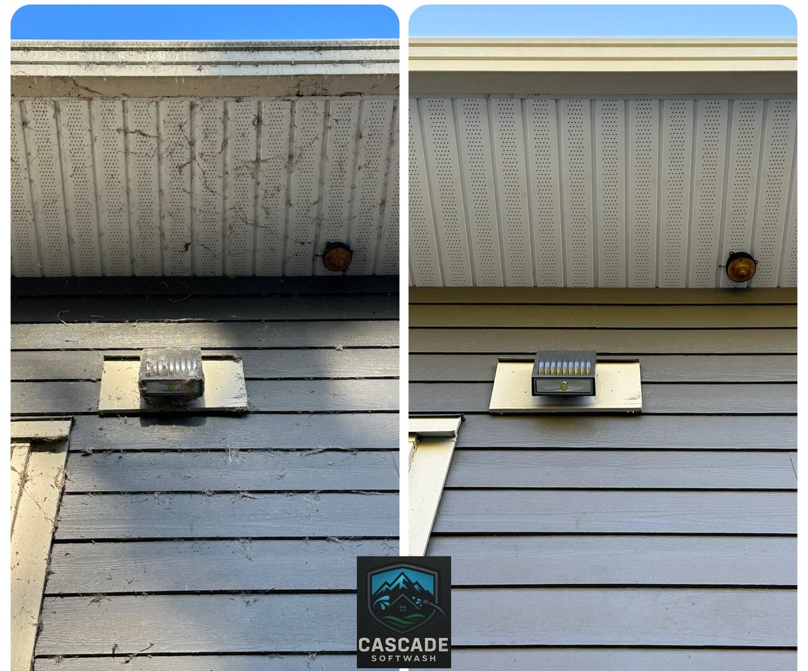 Side-by-side comparison of house soffits before and after power washing. The left side shows a dirty, stained, and dusty soffit with mold and debris. The right side shows a clean, white, and freshly washed soffit with a new light fixture and siding. 
