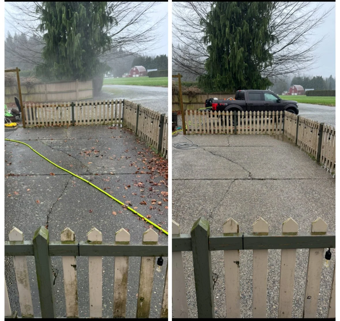 Side-by-side comparison of a driveway before and after a cleaning. In the first image, the driveway is dirty with leaves and cracks visible, and a yellow measuring tape is stretched across. In the second image, the driveway is clean, with no leaves o