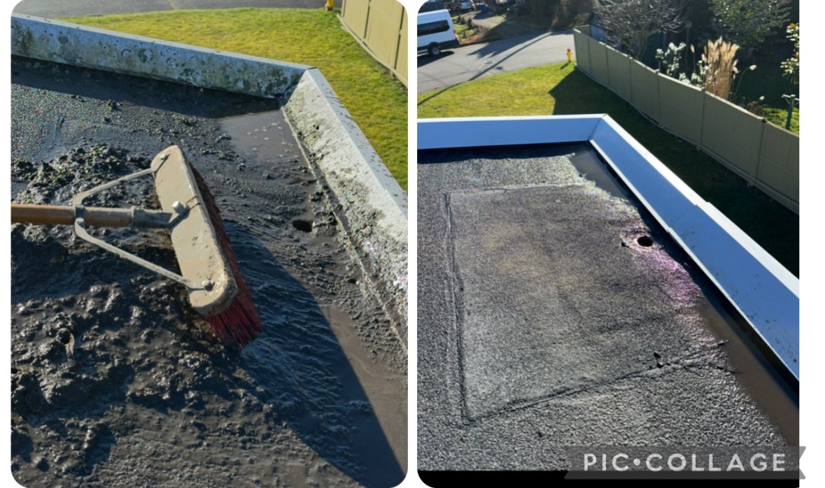 Before and after images of a flat roof being repaired; left shows a roof with wet concrete and a squeegee, right shows the same roof with a smoothed surface and a drain hole.