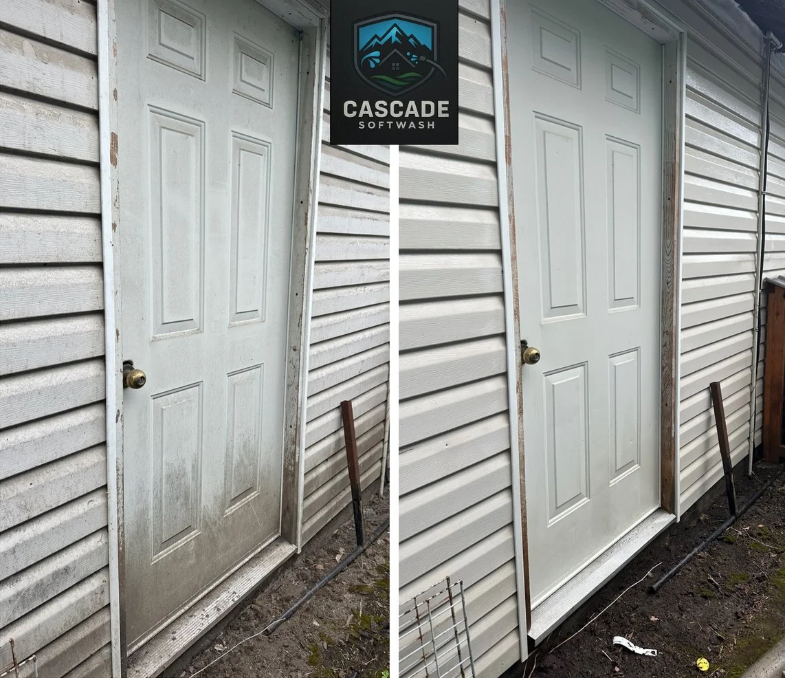 Comparison of a worn-out, dirty exterior door on the left and a newly installed, clean white exterior door on the right, outside a house with vinyl siding.