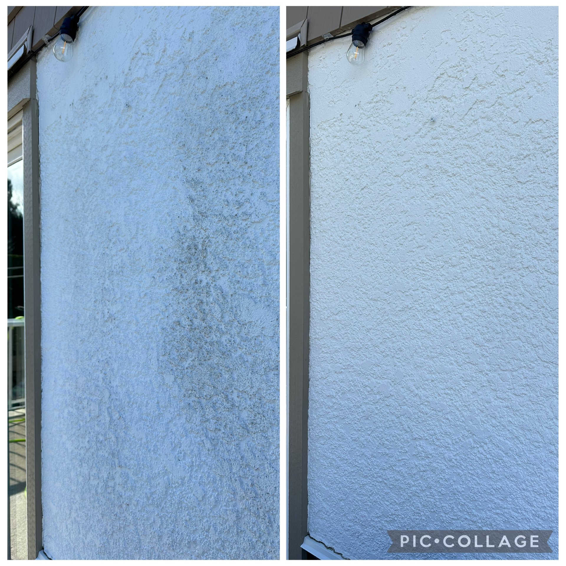 Before and after comparison of a white exterior wall, showing cleaning and restoration.