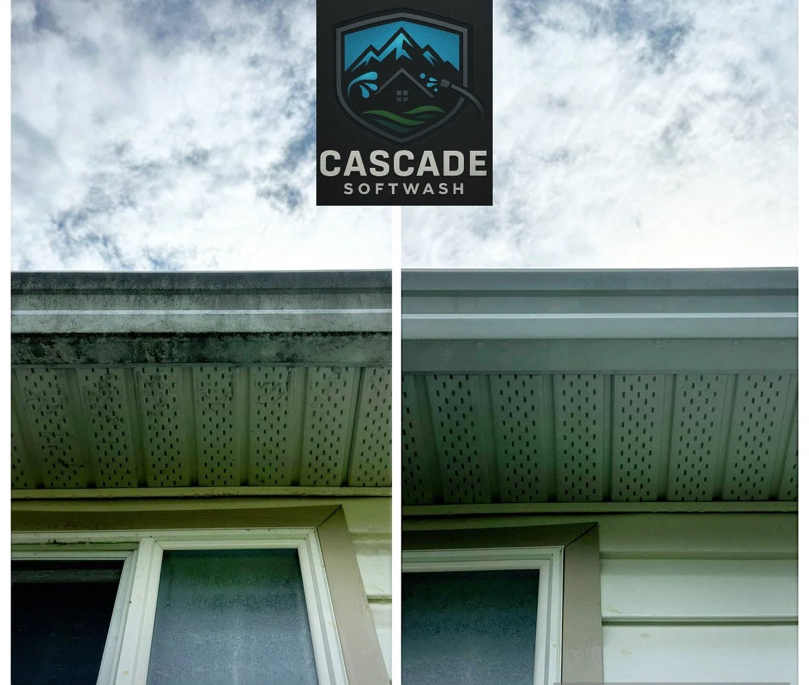 Comparison of dirty and clean house gutters beneath the roof overhang with a cloudy sky, featuring a Cascade Softwash logo at the top.
