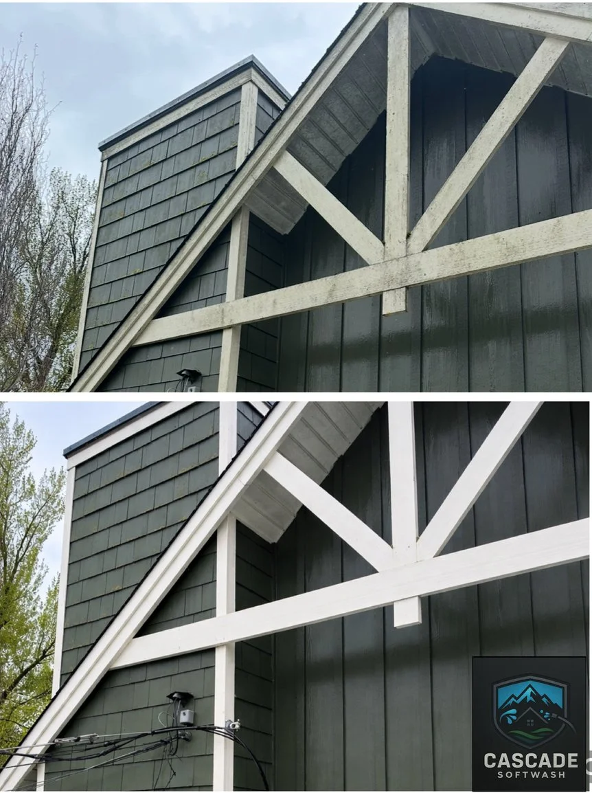 Side view of a dark-colored house with a sloped roof and wooden beams; the bottom image shows the same view after power washing, with the white beams appearing cleaner.