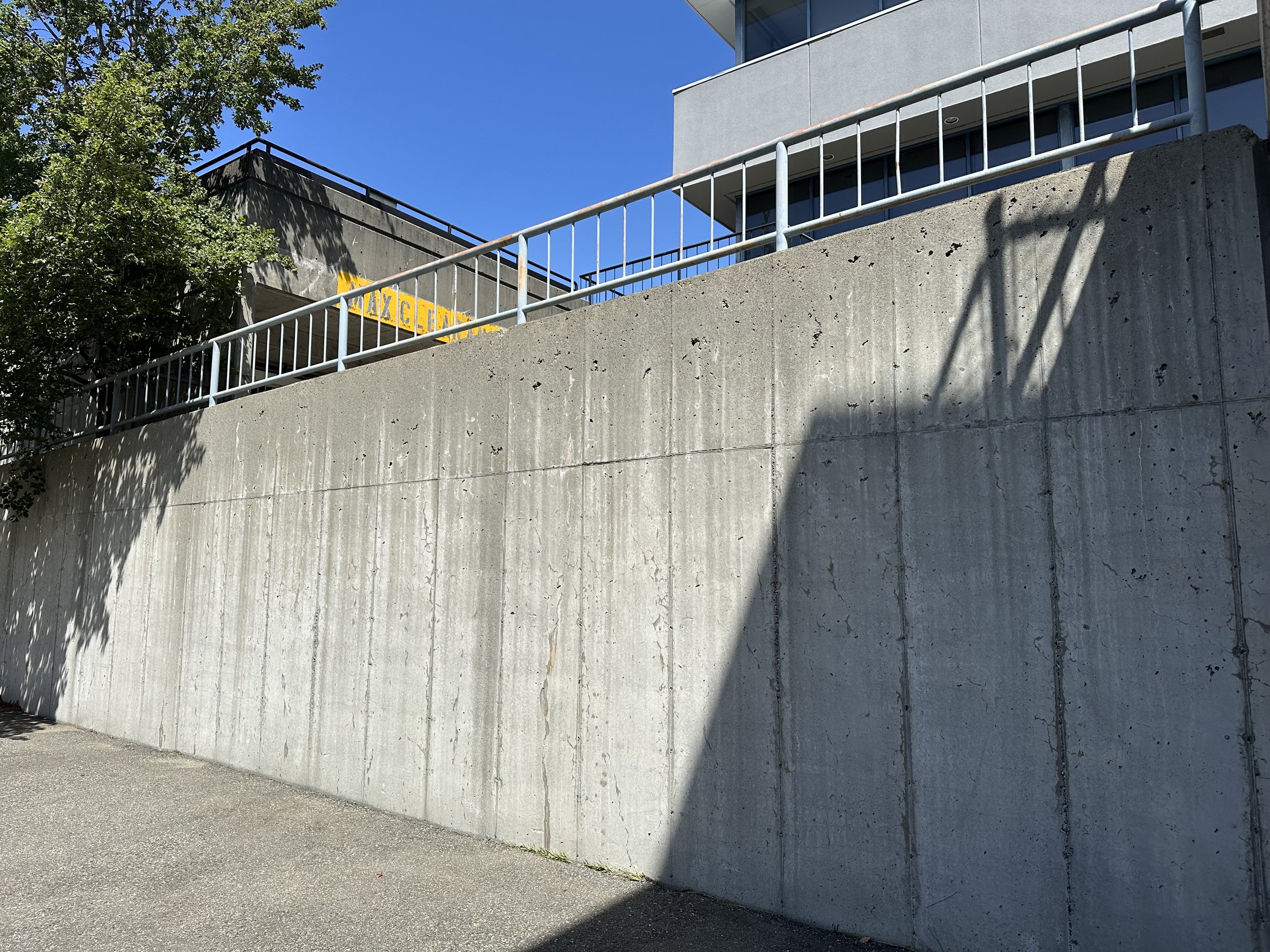 Concrete wall with metal railing and shadows, a tree with green leaves on the left, and a modern building with windows on the upper right, under a clear blue sky.