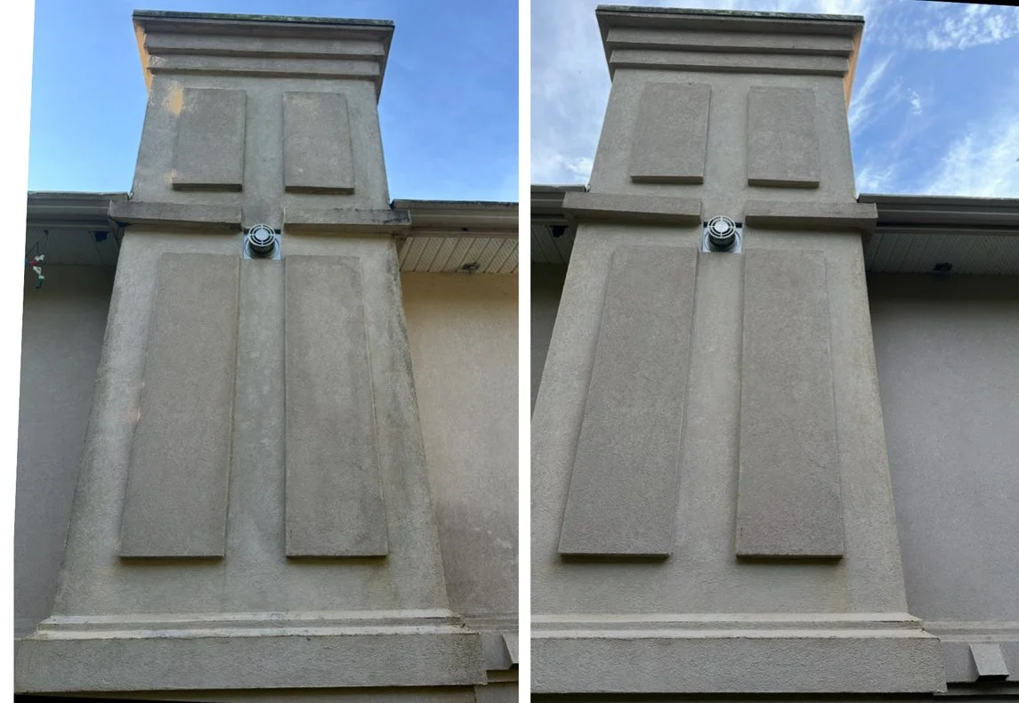 Comparison of a chimney before and after cleaning, showing a cleaner surface on the right.