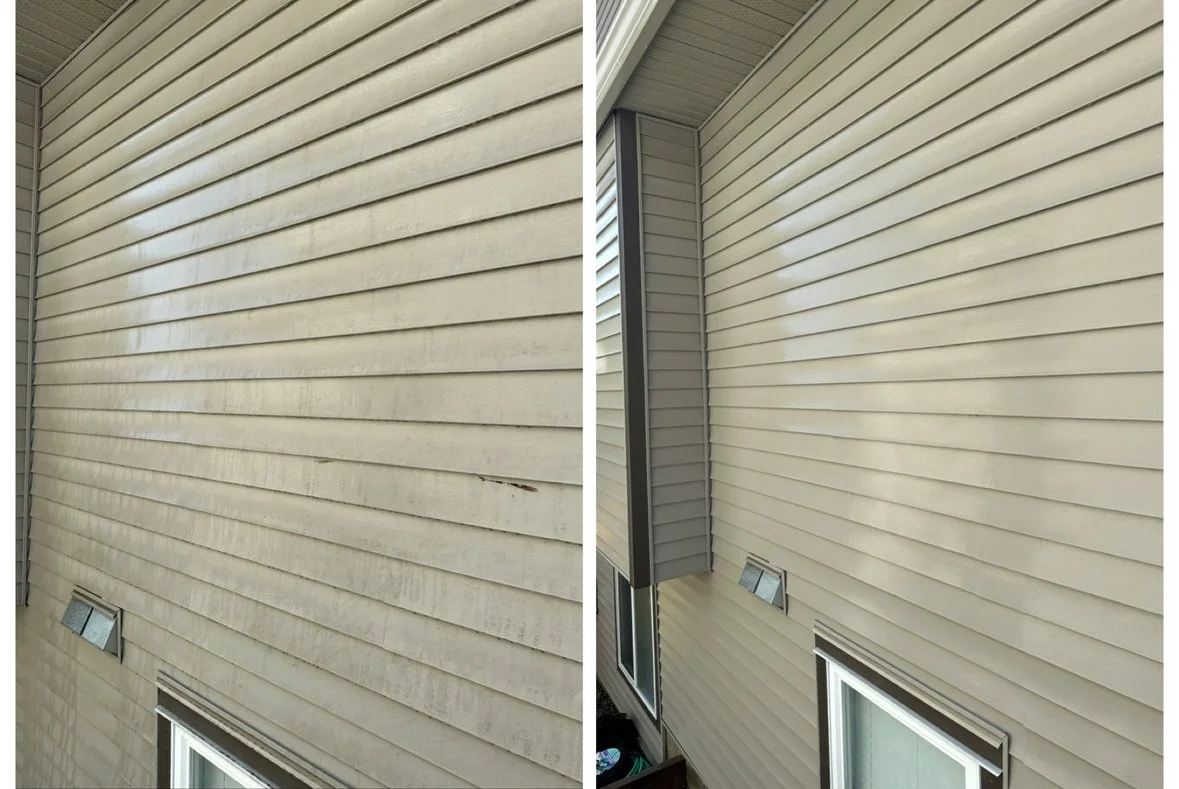 Comparison of house siding before and after cleaning. Left side shows dirty, stained beige siding; right side shows clean, restored siding.