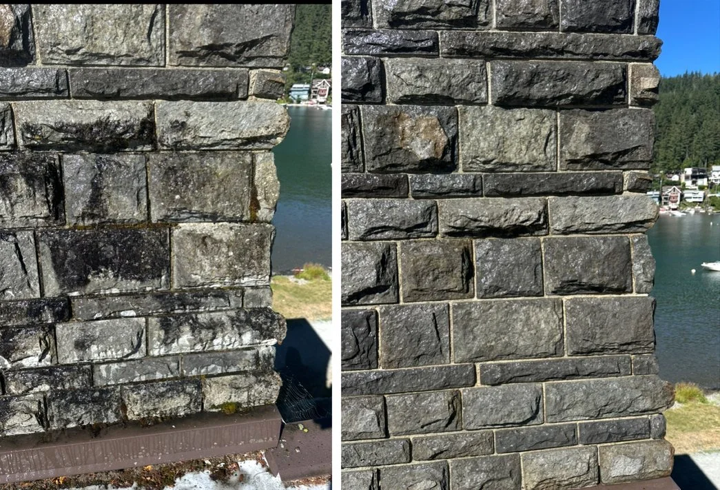 Side-by-side comparison of a stone wall with and without cleaning; the left side shows dirt and moss while the right side appears cleaner and brighter.