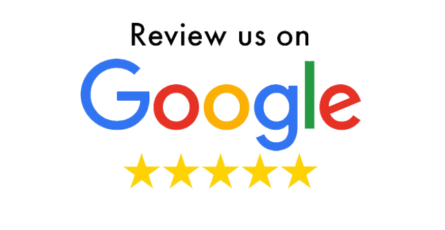 Text that says "Review us on Google" with a five-star rating below.