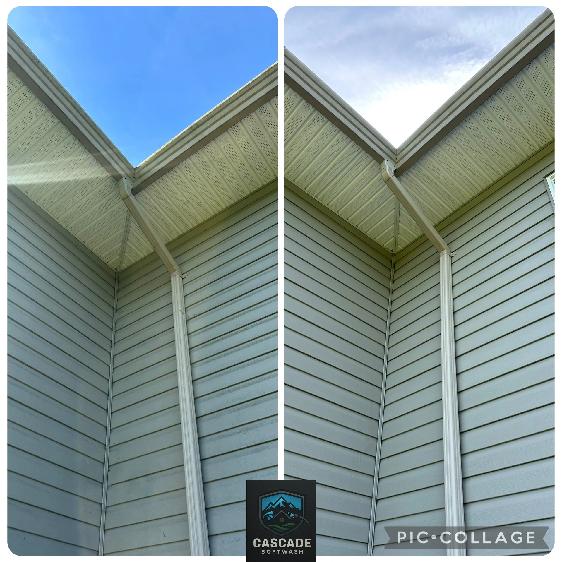 A split view of a house's exterior corner, showing the roof and siding. The left side depicts a clear blue sky, and the right side shows a sky with some clouds. The house has siding and fascia with a gutter system. There is a logo of Cascade Softwash