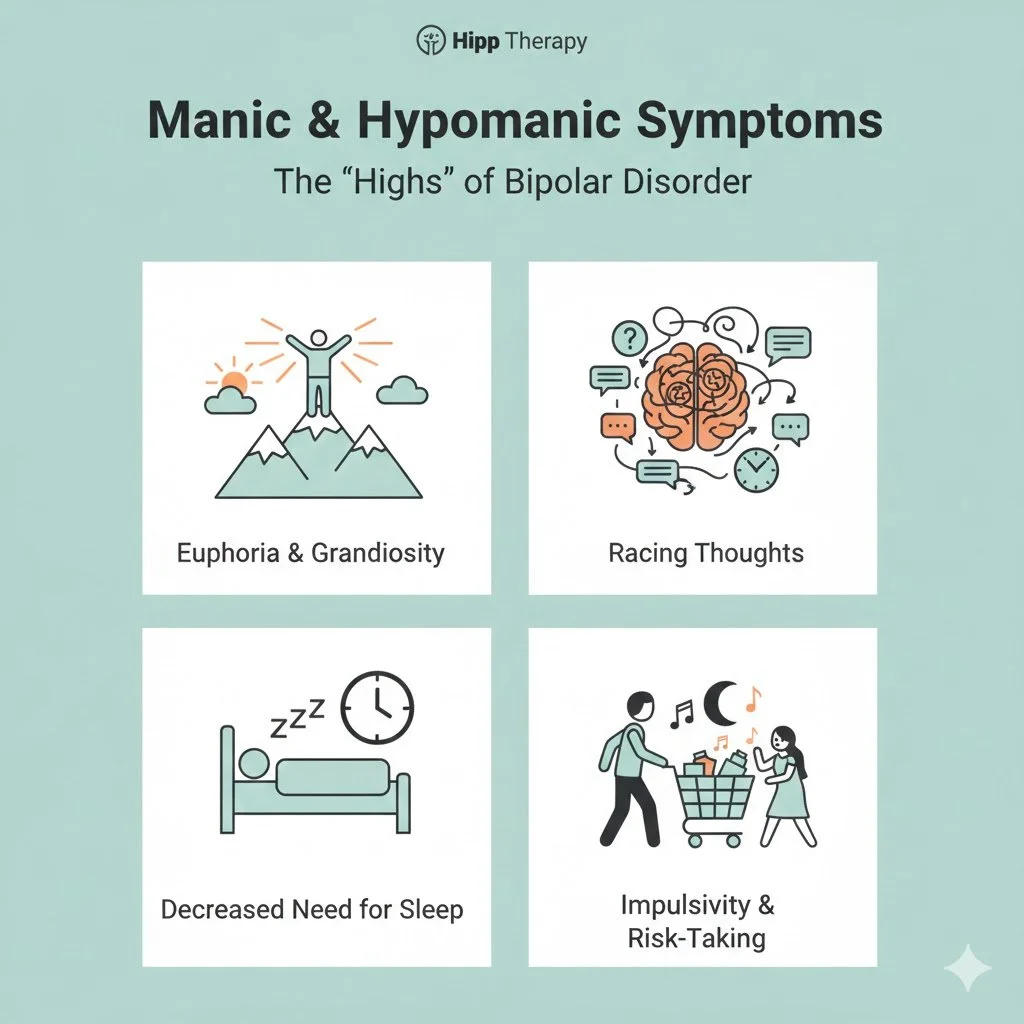 An infographic about manic and hypomanic symptoms of bipolar disorder, including euphoria and grandiosity, racing thoughts, decreased need for sleep, and impulsivity and risk-taking, with simple illustrations for each symptom.