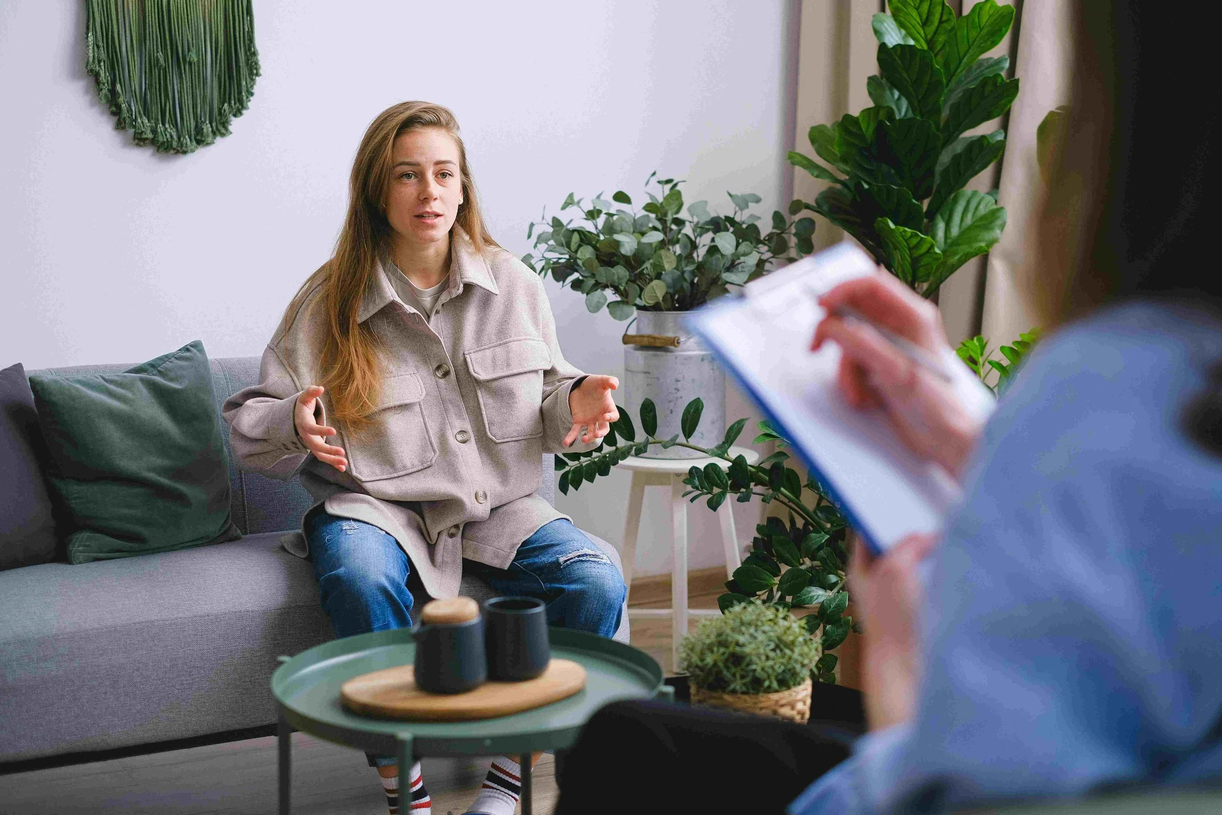 A woman sitting on a gray sofa, gesturing with her hands, during a conversation with a therapist in a cozy room decorated with plants and wall art.