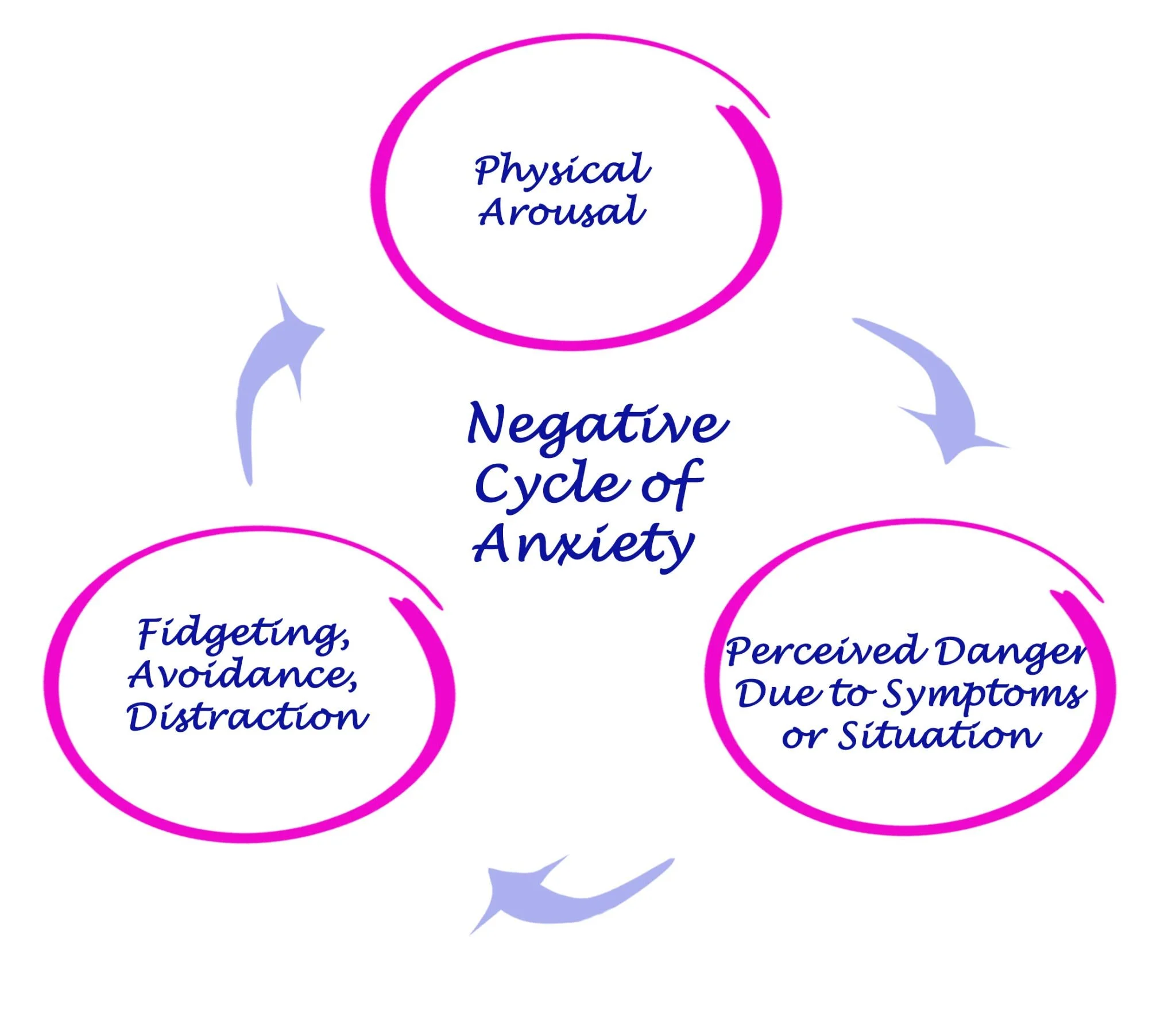 Diagram illustrating the negative cycle of anxiety, showing three interconnected stages: Physical Arousal, Perceived Danger Due to Symptoms or Situation, and Fidgeting, Avoidance, Distraction, with arrows indicating a circular cycle.