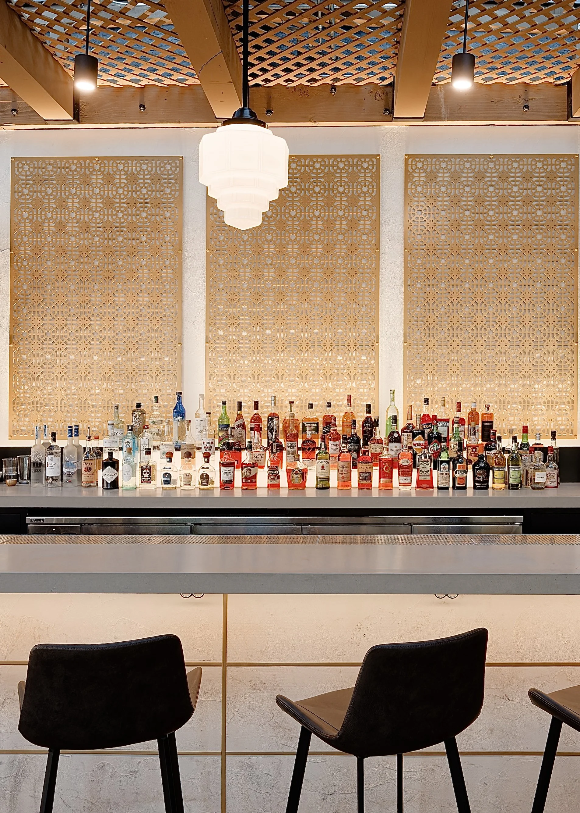 Bar screens. Custom artwork for commercial fit out. laser cut screens. urban Metal temple screen design