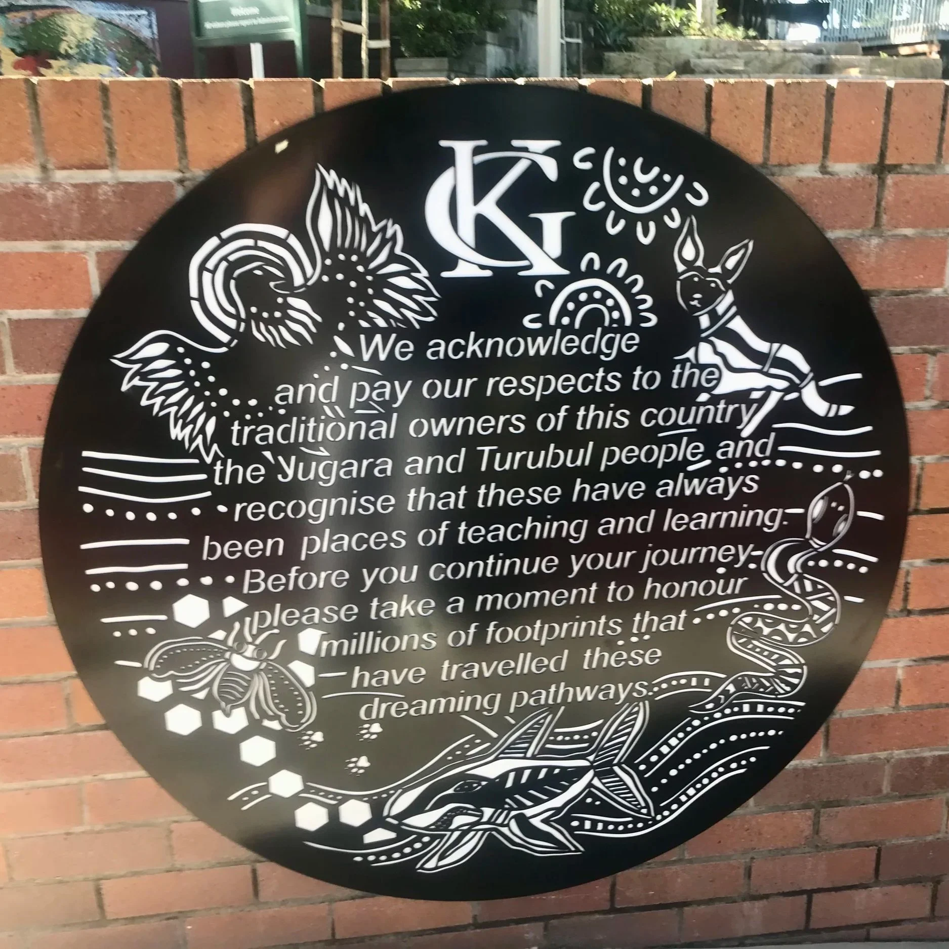 Acknowledgement of country plaque for Kelvin Grove state college. Urban Metal designer Deborah VanDieren worked with KGSS artwork