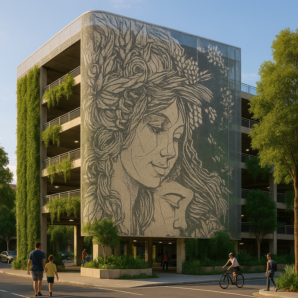 way finding. Street art for perforated car parking privacy screening. Art for infrastructure