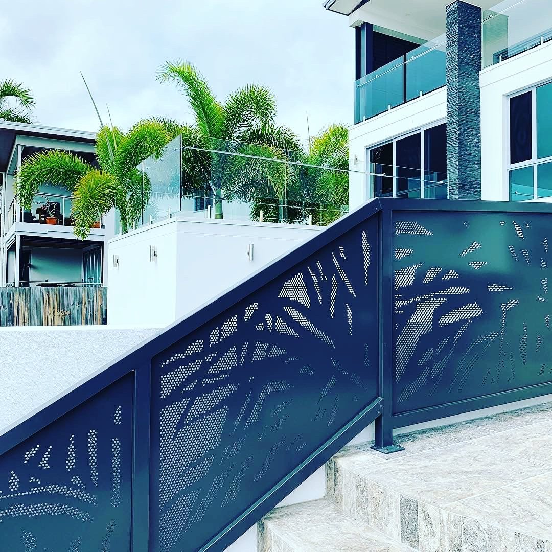 custom designed perforated balustrade. exterior perf screens