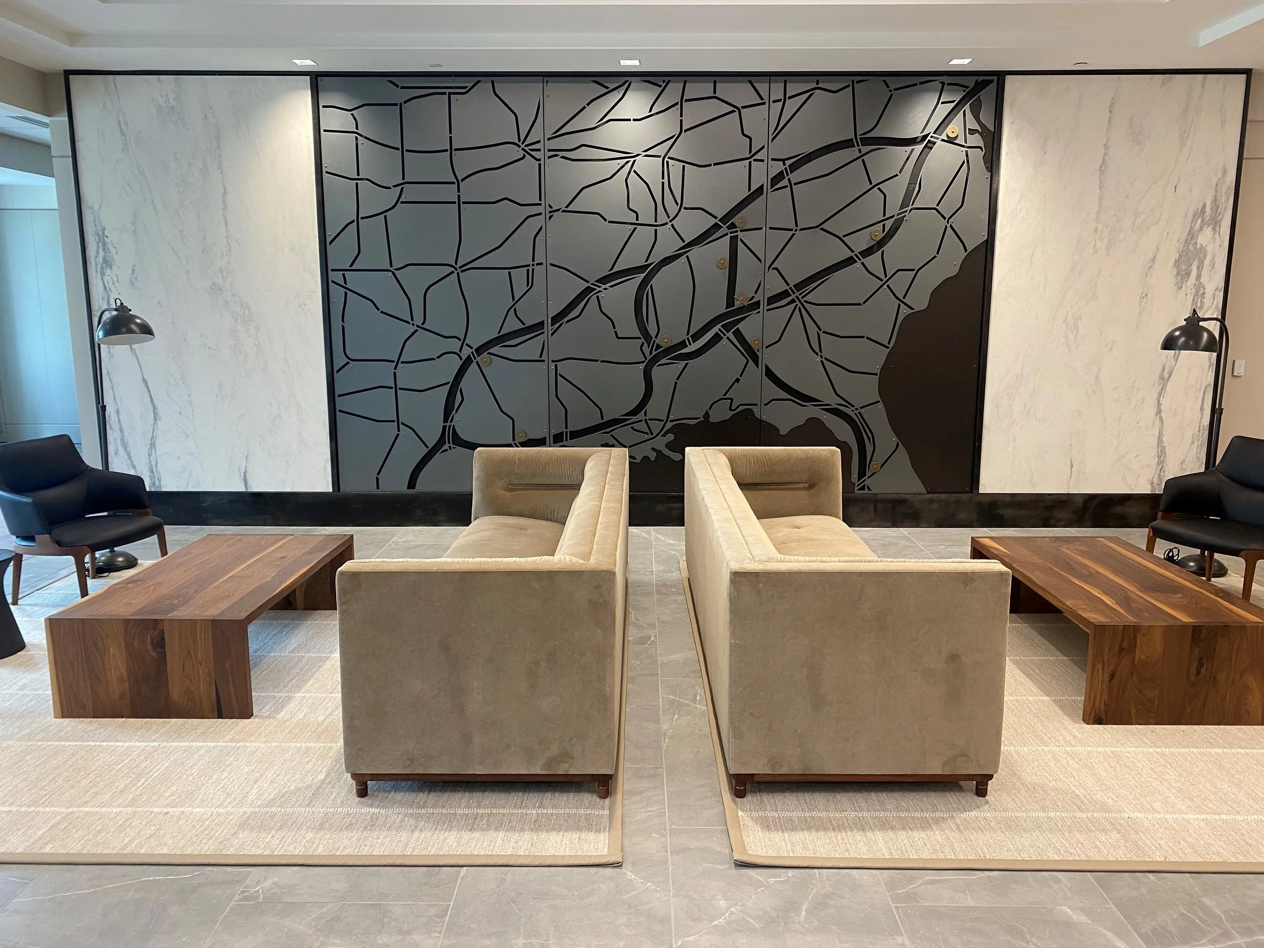 commercial fit out custom laser cut Map. Entry foyer feature artwork