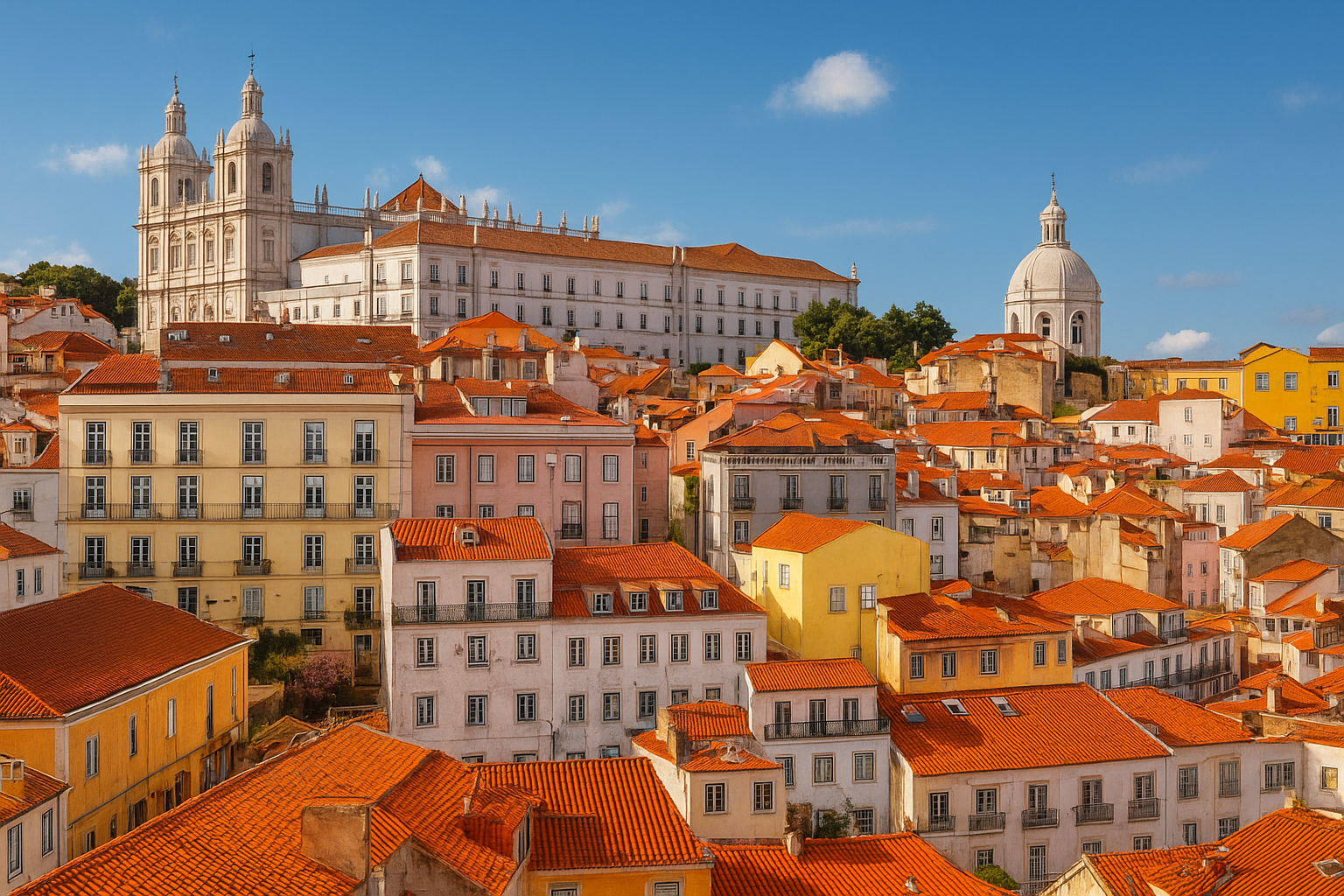 Blick auf eine Stadt mit bunten Häusern und roten Ziegeldächern, im Hintergrund eine große barocke Kirche auf einem Hügel, unter blauem Himmel mit wenigen Wolken.