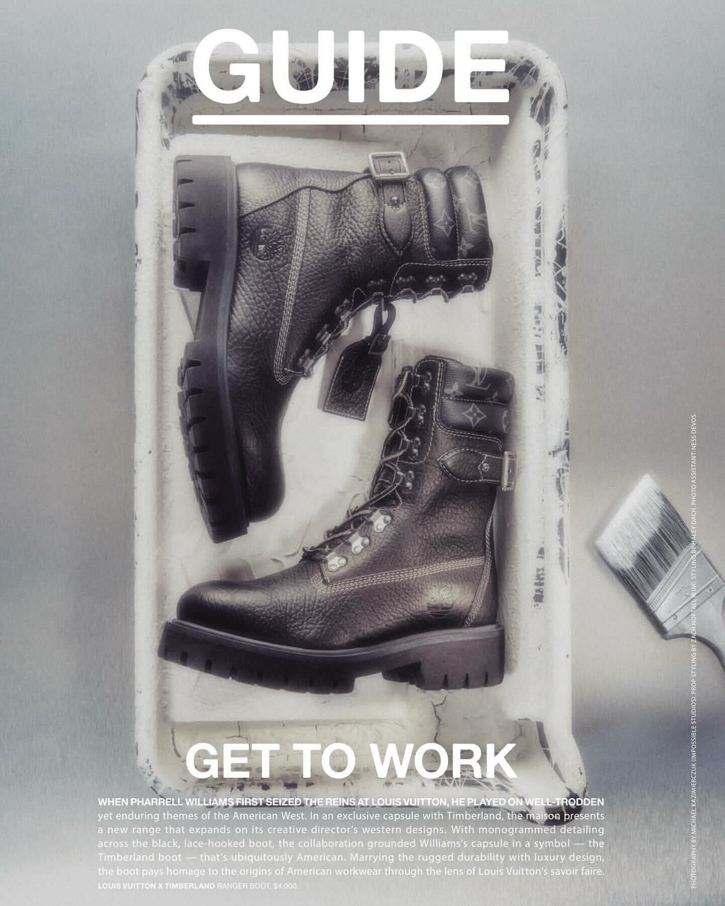 Pair of black leather work boots made by Timberland and a Louis Vuitton designer handbag, placed inside a white tray, with a lighter on the side, with text overlay of the words 'Guide' and 'Get to Work'.
