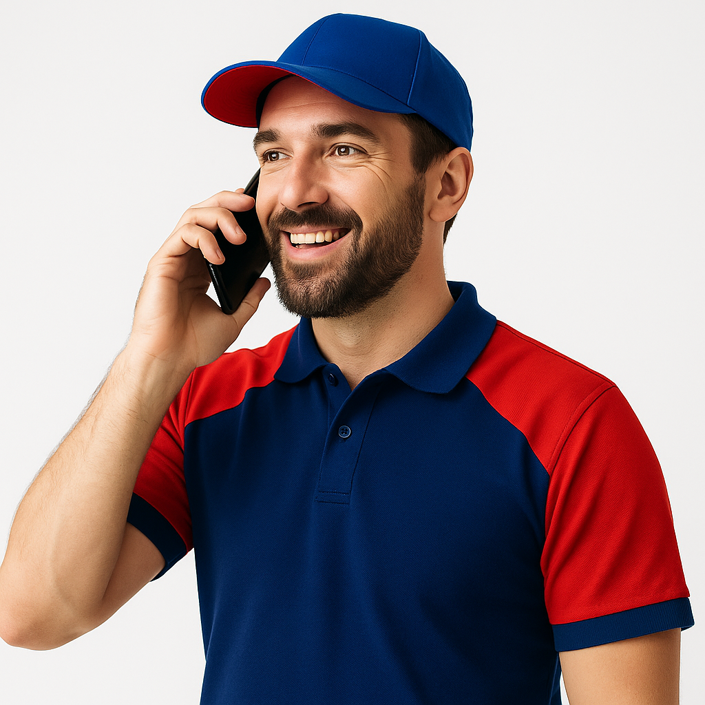 Meseriaș profesionist în uniformă albastru-roșu răspunzând la telefon pentru programări, reprezentând echipa Reparații Express – servicii rapide de reparații, instalații și electricieni în București și Ilfov.