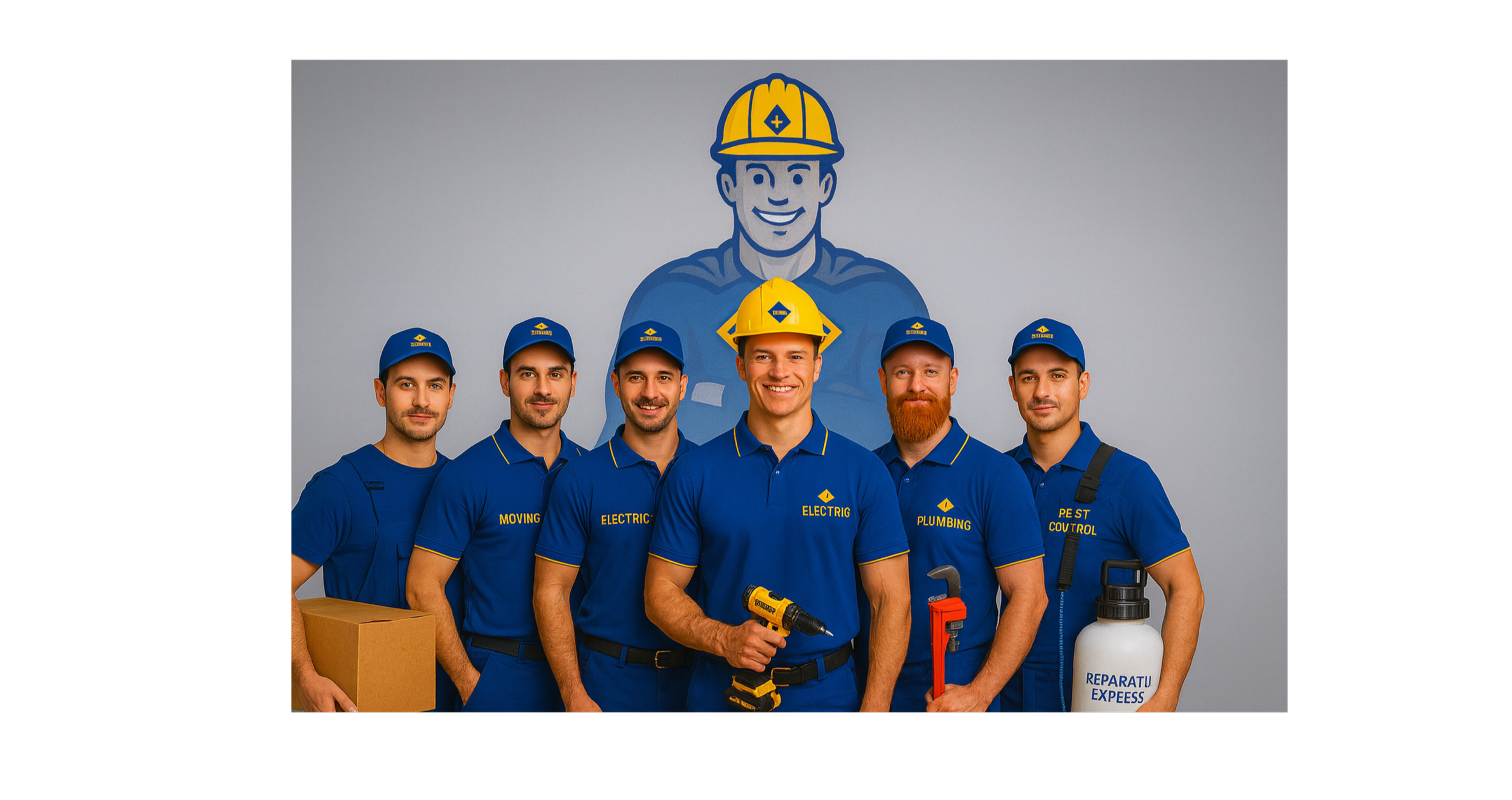Echipa Reparații Express în uniformă albastră, pregătită pentru reparații și renovări în București și Ilfov.